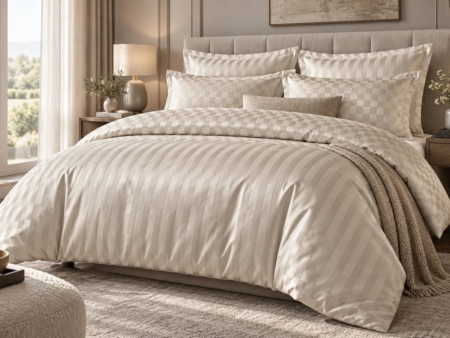 Dormitor elegant cu lenjerie damasc ivoire și model jacquard țesut