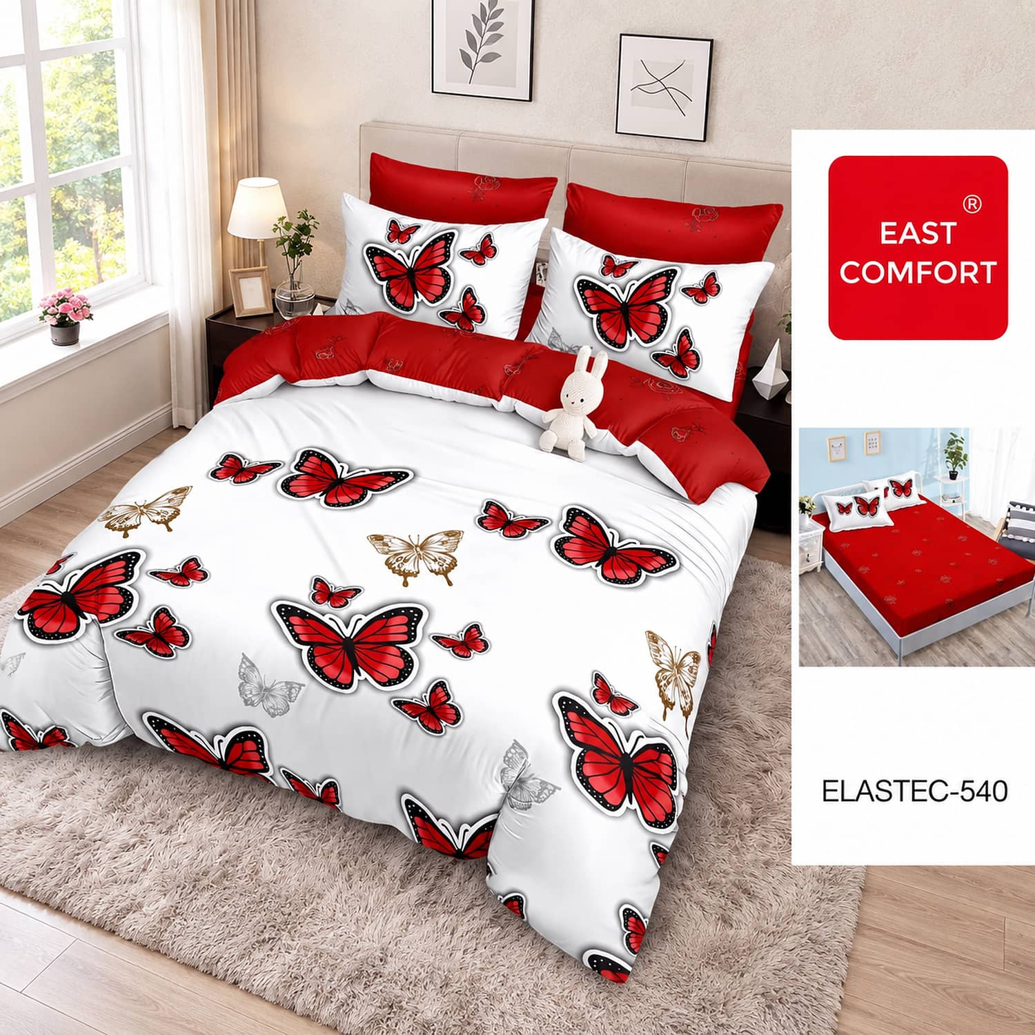 Lenjerie pat dublu, finet gros, elastic, 6 piese, model ec32 gre 540 | East Comfort
