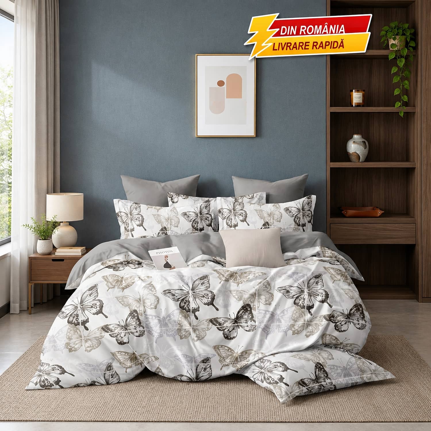 Lenjerie pat dublu, finet gros, elastic, 6 piese, model gri cu fluturi mari | East Comfort – imagine produs 2