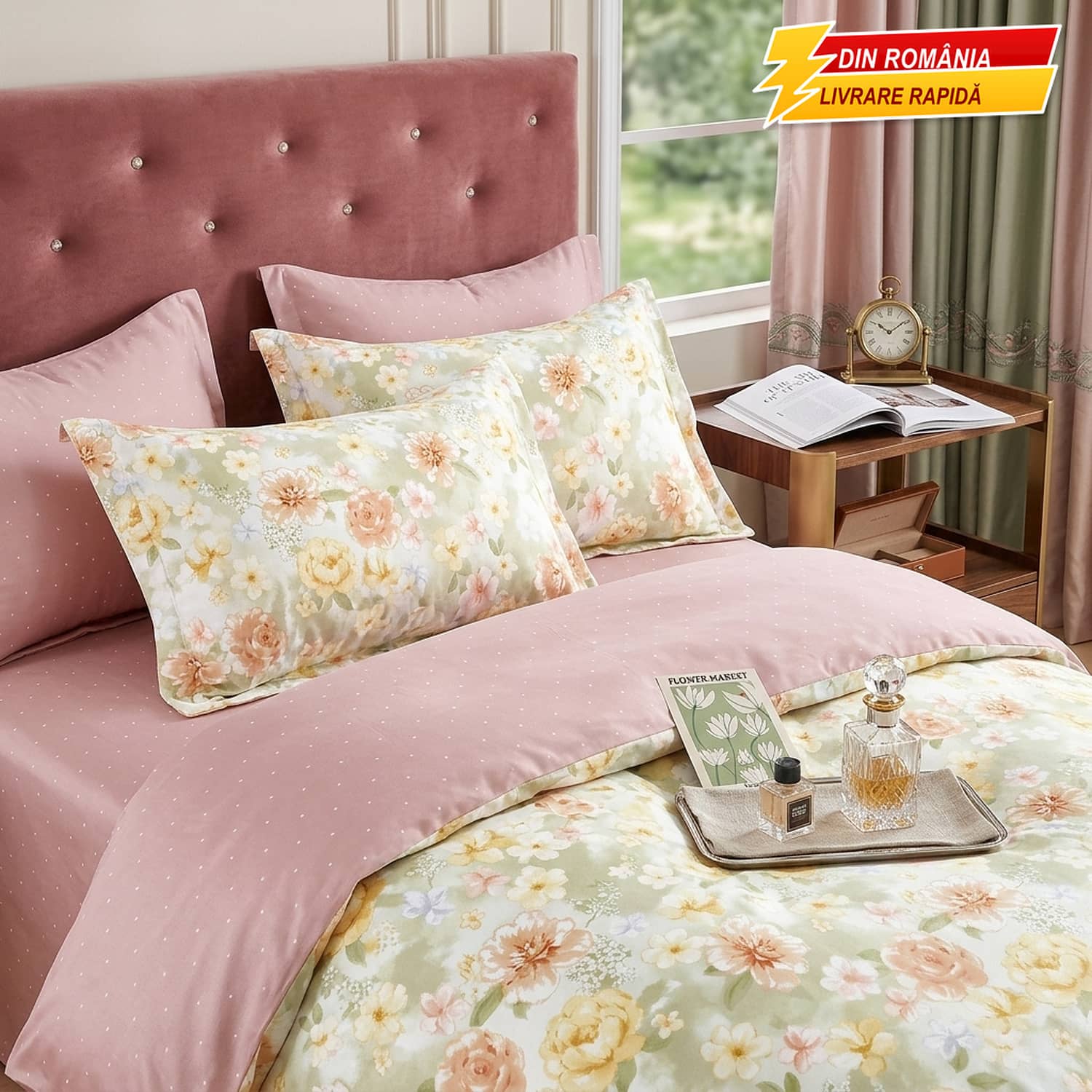 Lenjerie pat dublu, finet gros, elastic, 6 piese, model verde menta cu flori portocalii | East Comfort – imagine produs 2