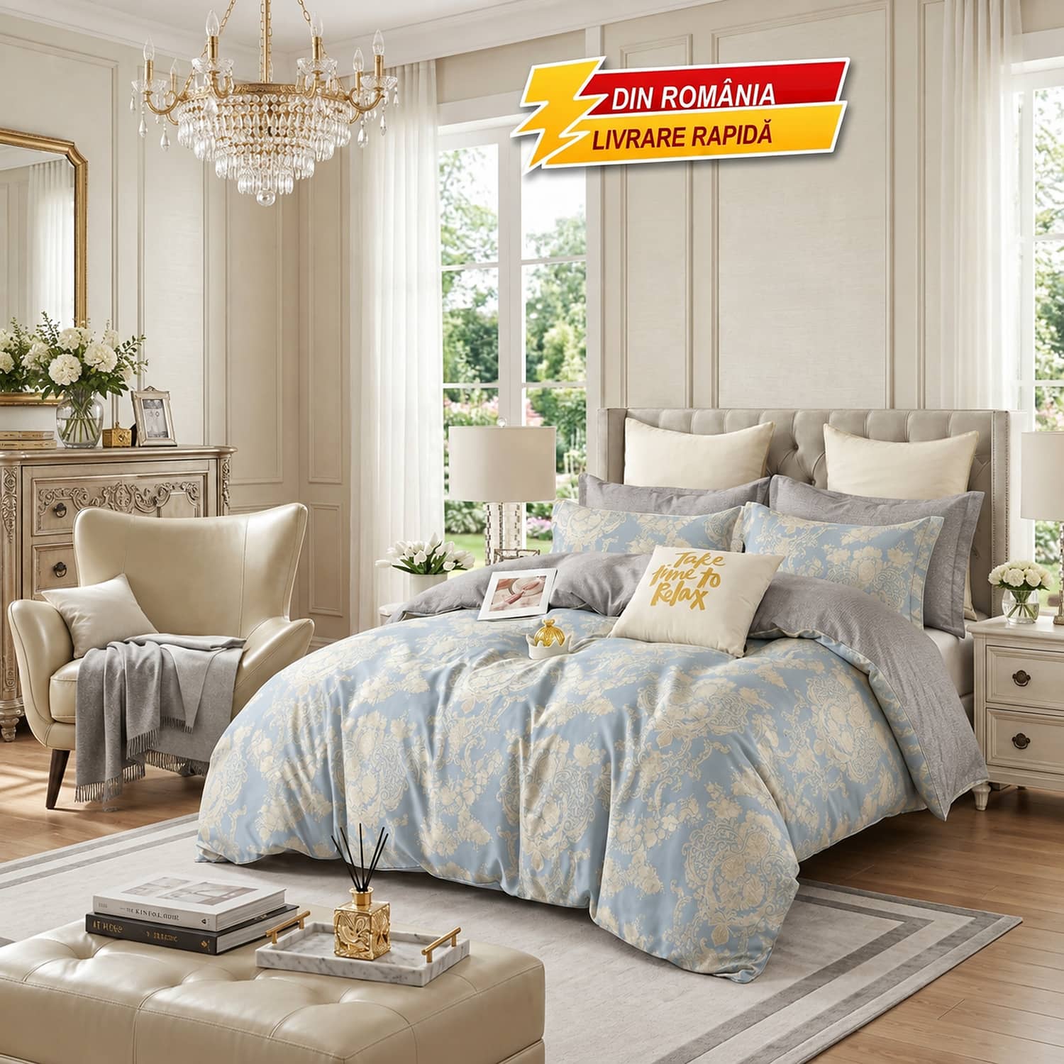Lenjerie pat dublu, finet gros, elastic, 6 piese, model albastru gri cu damasc | East Comfort – imagine produs 2