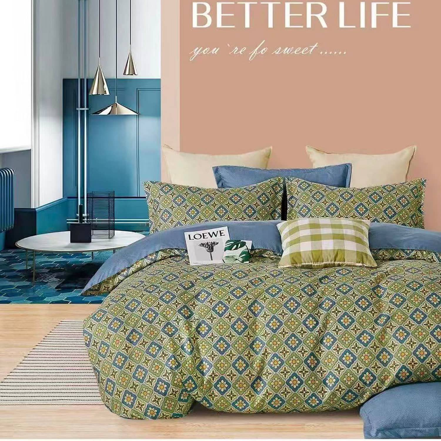 Lenjerie pat dublu, finet gros, elastic, 6 piese, model verde oliv cu motive geometrice | East Comfort – imagine produs 2
