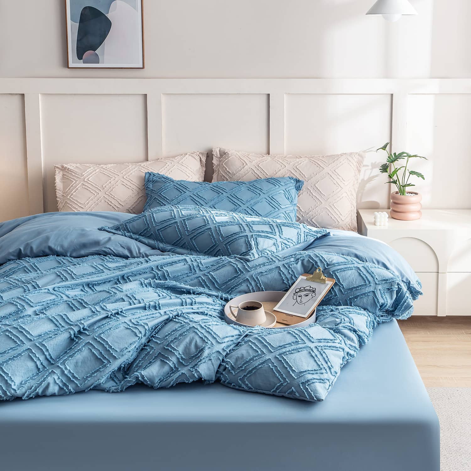 Lenjerie de pat dublu cu elastic, din 100% microfibră, 4 piese, Casa New Concept, model albastru cenusiu cu romburi si franjuri – imagine produs 2