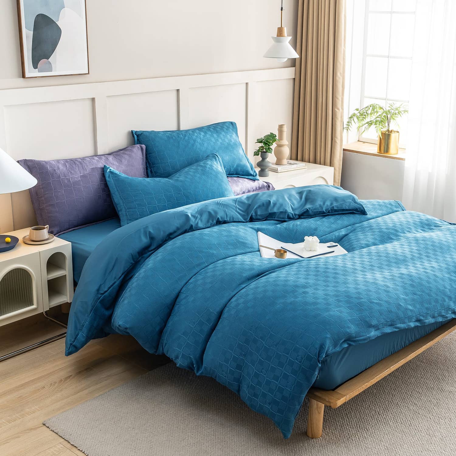 Lenjerie de pat dublu cu elastic, din 100% microfibră, 4 piese, Casa New Concept, model turcoaz cu textura patrata – imagine produs 2