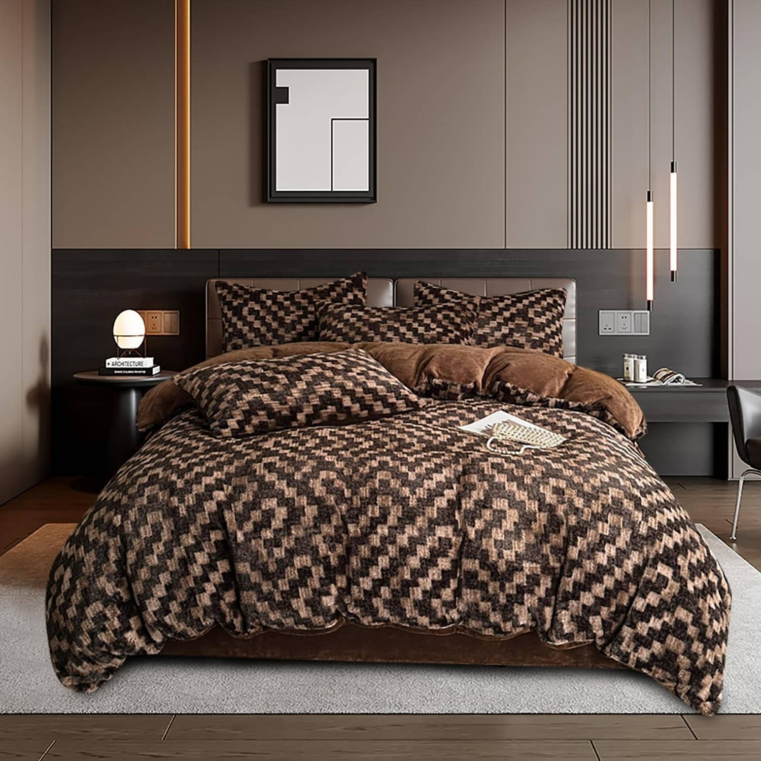 Lenjerie pat dublu din catifea de lapte, Cocolino, elastic, 6 piese, model maro cu model geometric | East Comfort – imagine produs 2