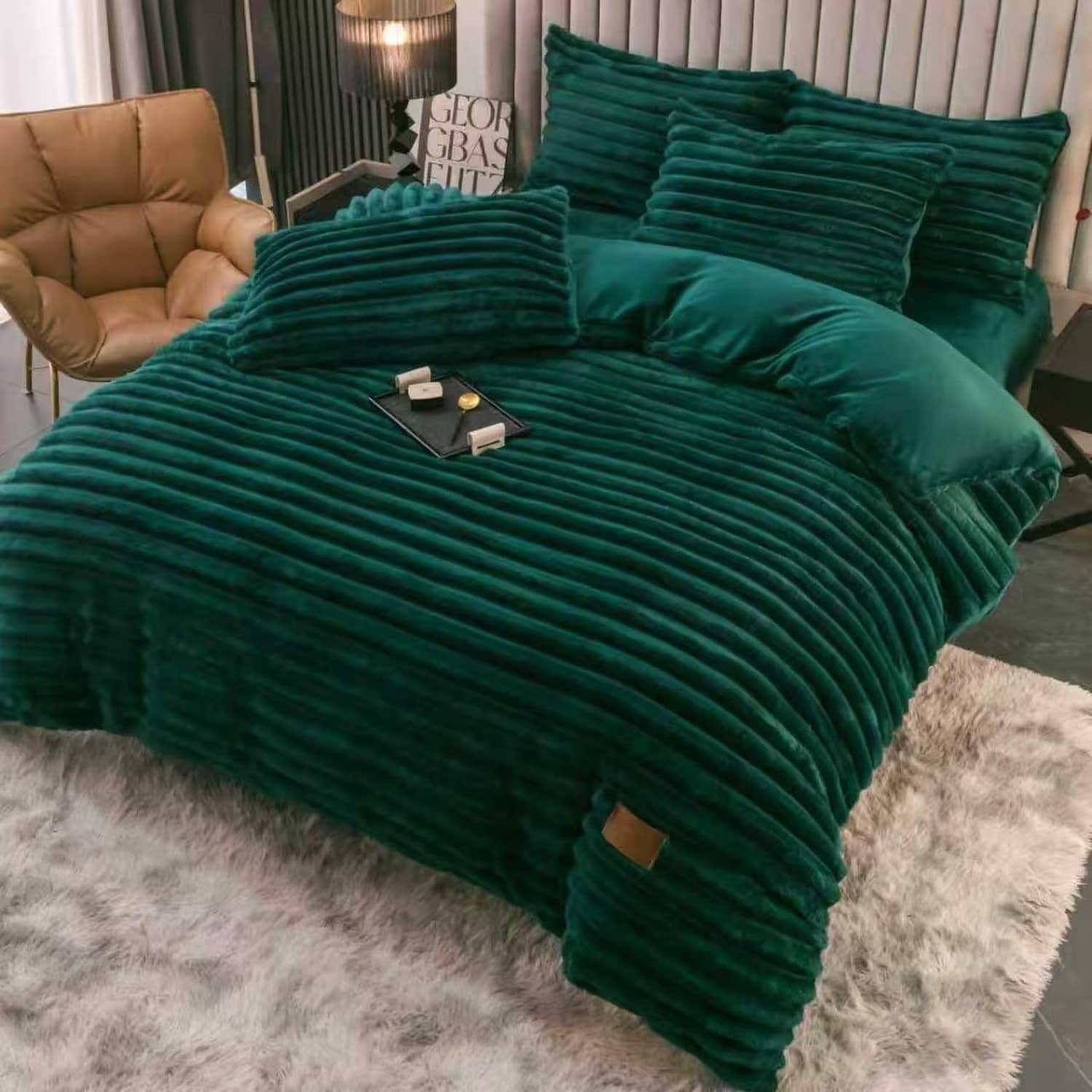 Lenjerie pat dublu, Cocolino, elastic, Plush Velvet cu dungi, 4 piese, model verde smarald cu dungi | East Comfort – imagine produs 2