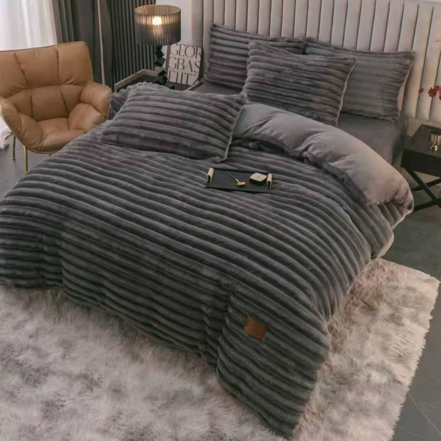 Lenjerie pat dublu, Cocolino, elastic, Plush Velvet cu dungi, 4 piese, model gri antracit cu dungi | East Comfort – imagine produs 2