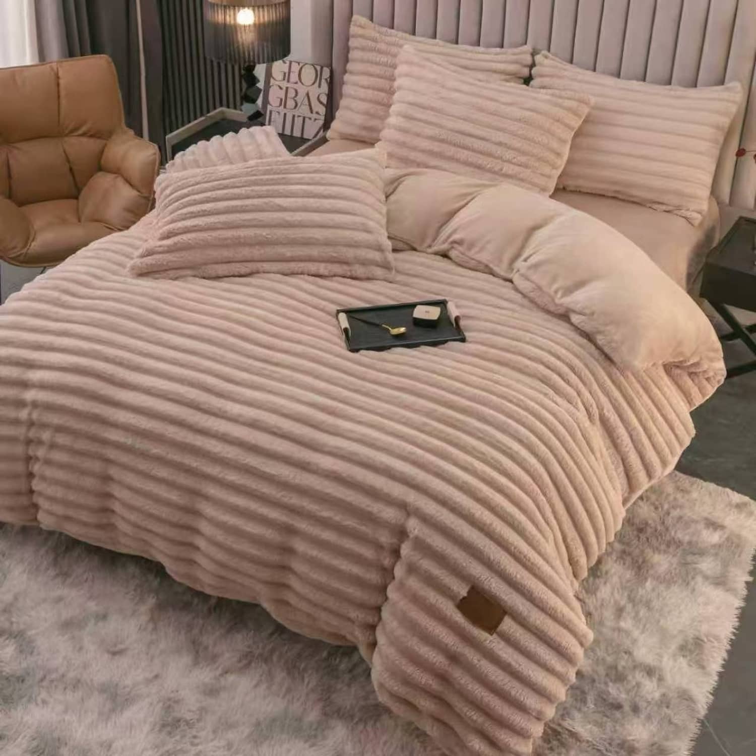 Lenjerie pat dublu, Cocolino, elastic, Plush Velvet cu dungi, 4 piese, model bej nisipiu cu dungi | East Comfort – imagine produs 2