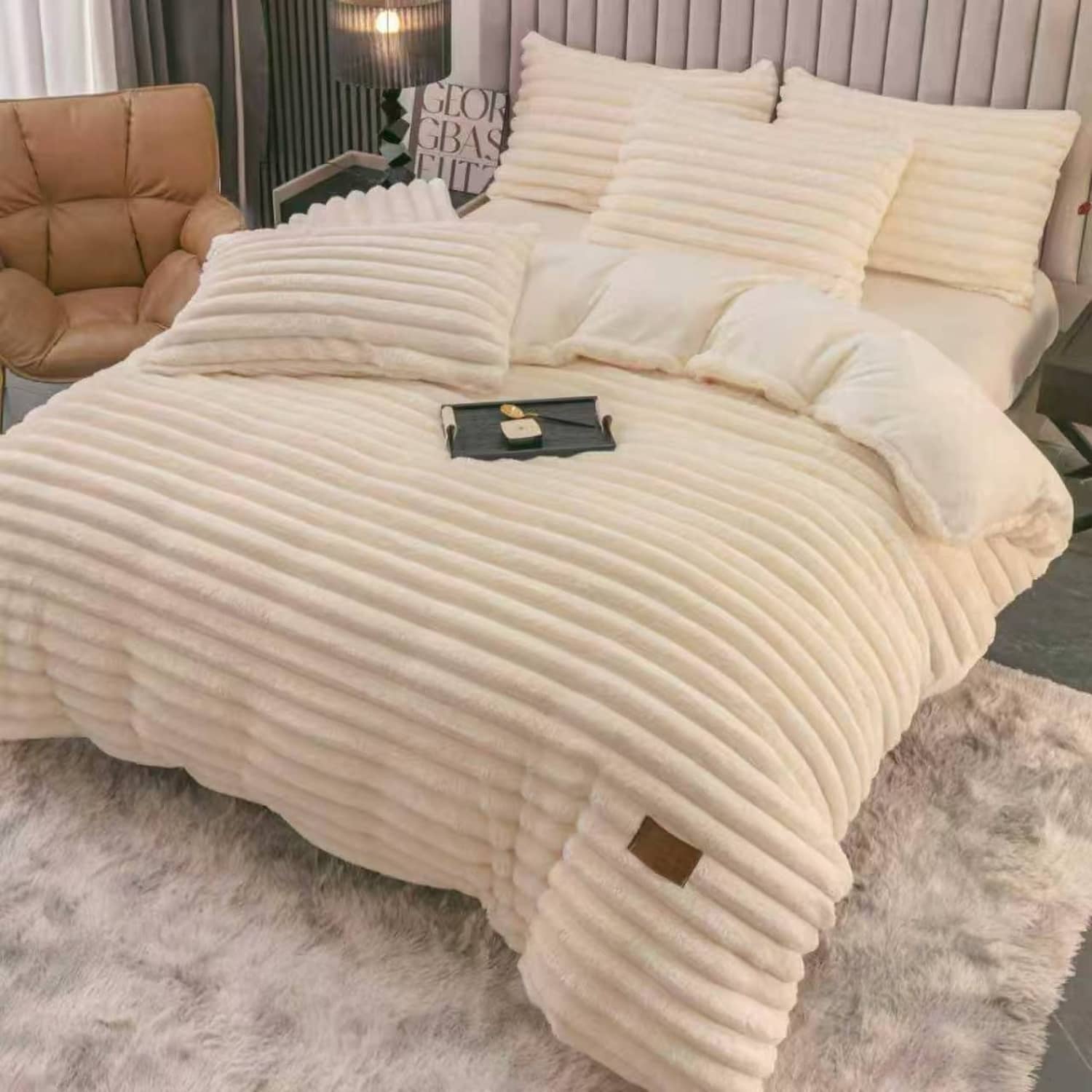 Lenjerie pat dublu, Cocolino, elastic, Plush Velvet cu dungi, 4 piese, model crem ivoriu cu dungi | East Comfort – imagine produs 2