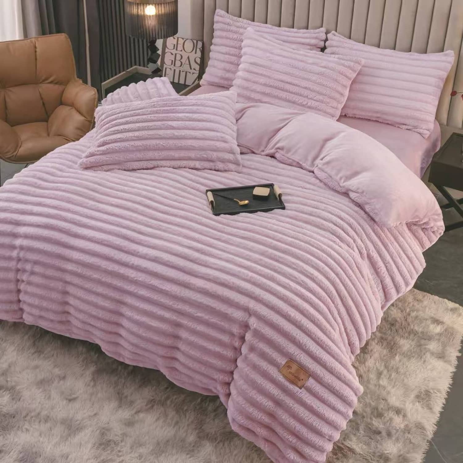 Lenjerie pat dublu, Cocolino, elastic, Plush Velvet cu dungi, 4 piese, model lila cu dungi | East Comfort – imagine produs 2