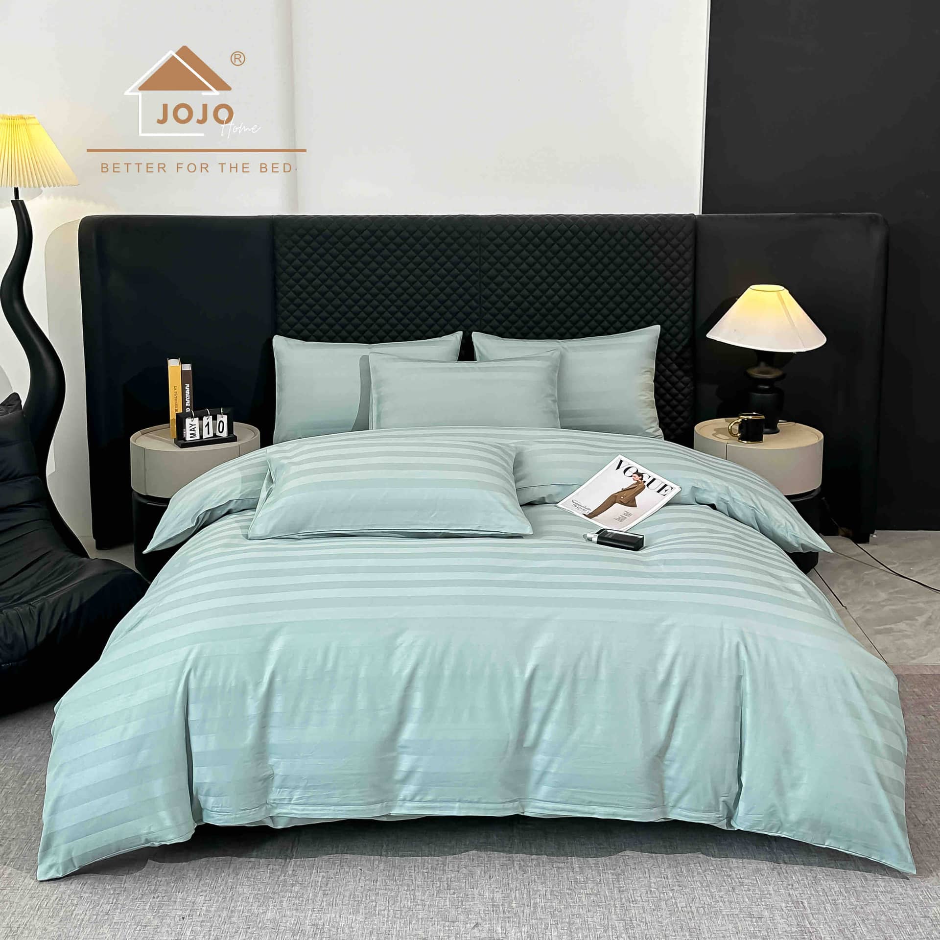 Lenjerie pat dublu, 100% bumbac, Damasc Deluxe, elastic, 6 piese, model bleu cu dungi | Jojo Home – imagine produs 2