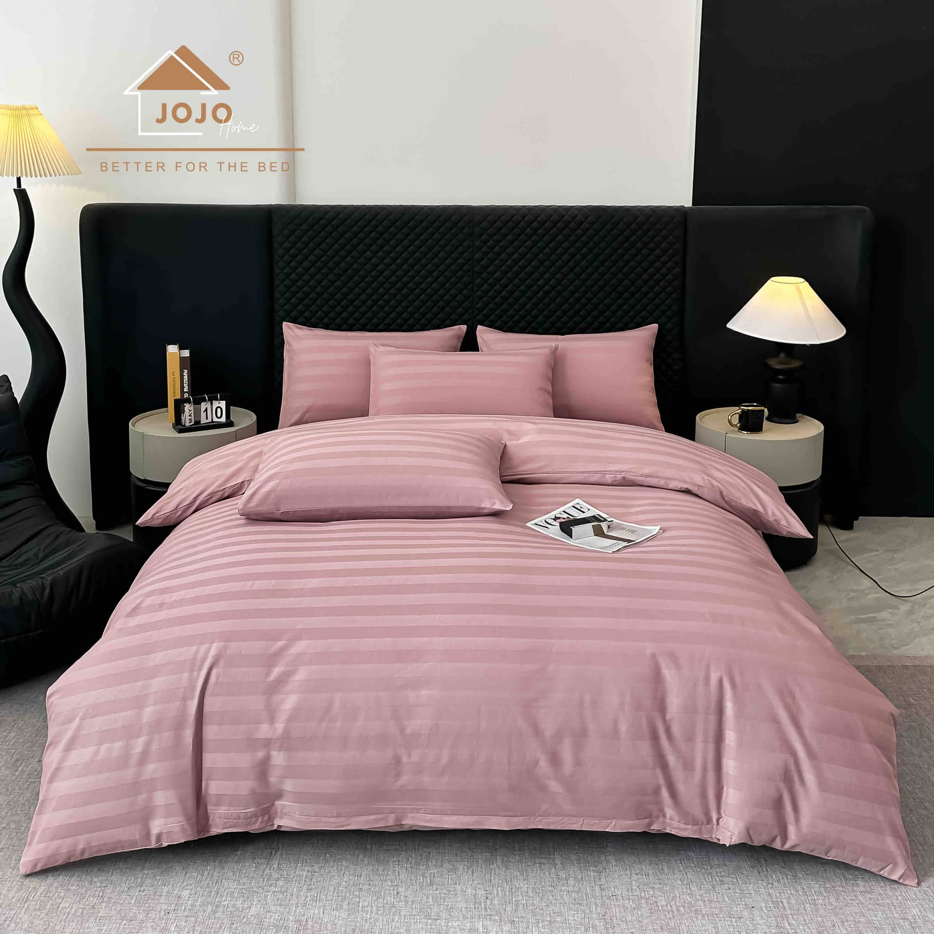 Lenjerie pat dublu, 100% bumbac, Damasc Deluxe, elastic, 6 piese, model roz pudrat cu dungi | Jojo Home – imagine produs 2