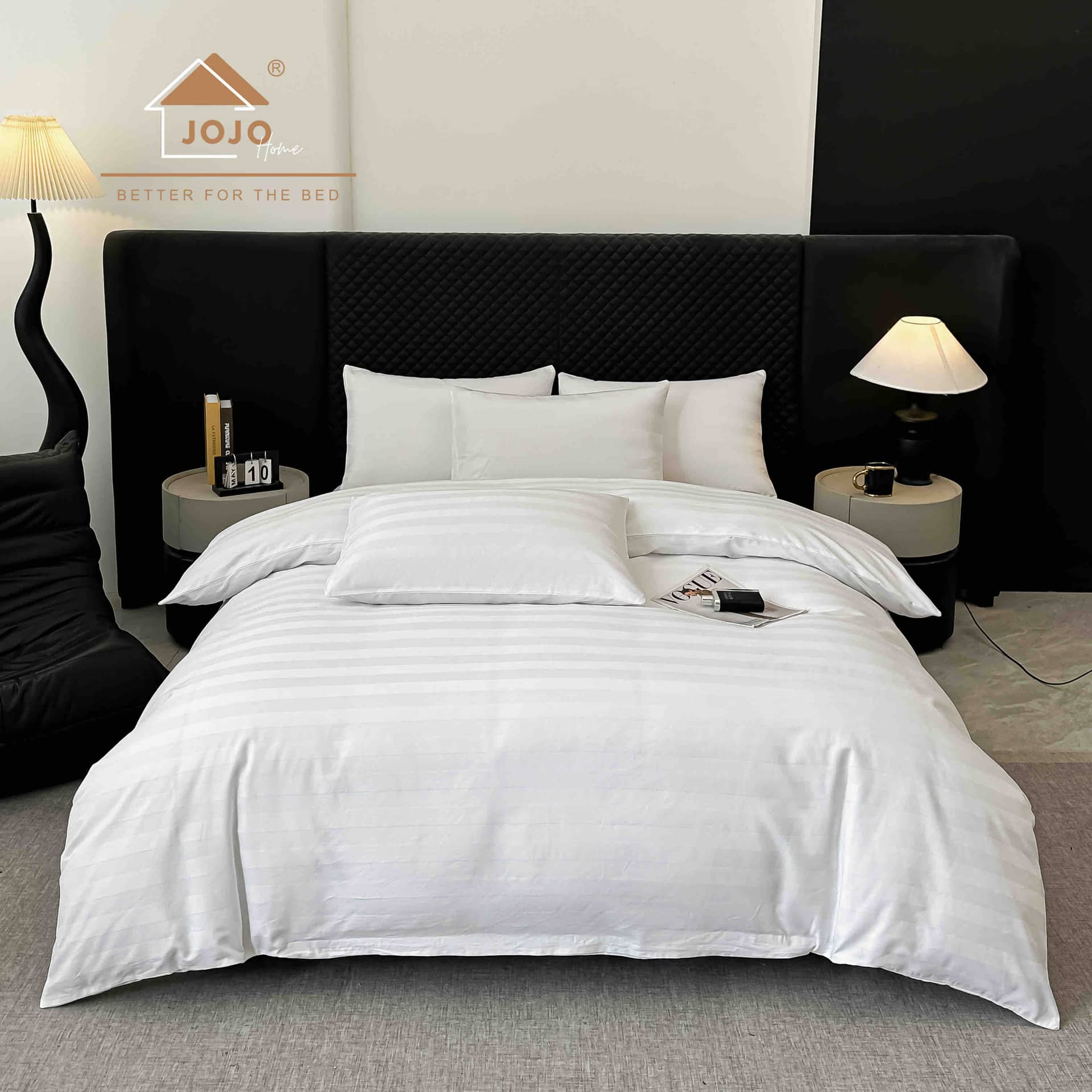 Lenjerie pat dublu, 100% bumbac, Damasc Deluxe, elastic, 6 piese, model alb cu dungi | Jojo Home – imagine produs 2
