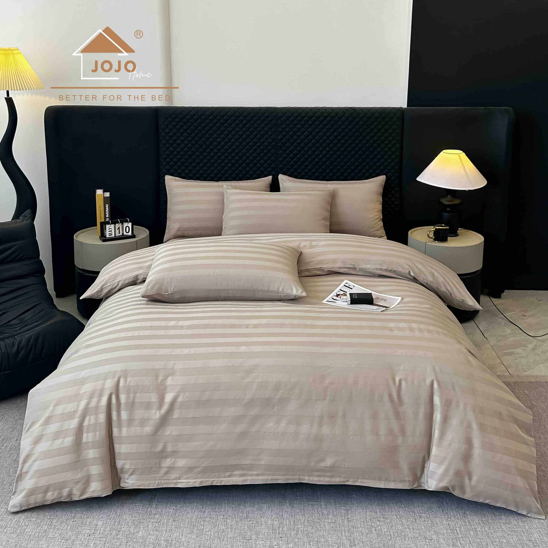 Lenjerie pat dublu, 100% bumbac, Damasc Deluxe, elastic, 6 piese, model bej cu dungi | Jojo Home – imagine produs 2