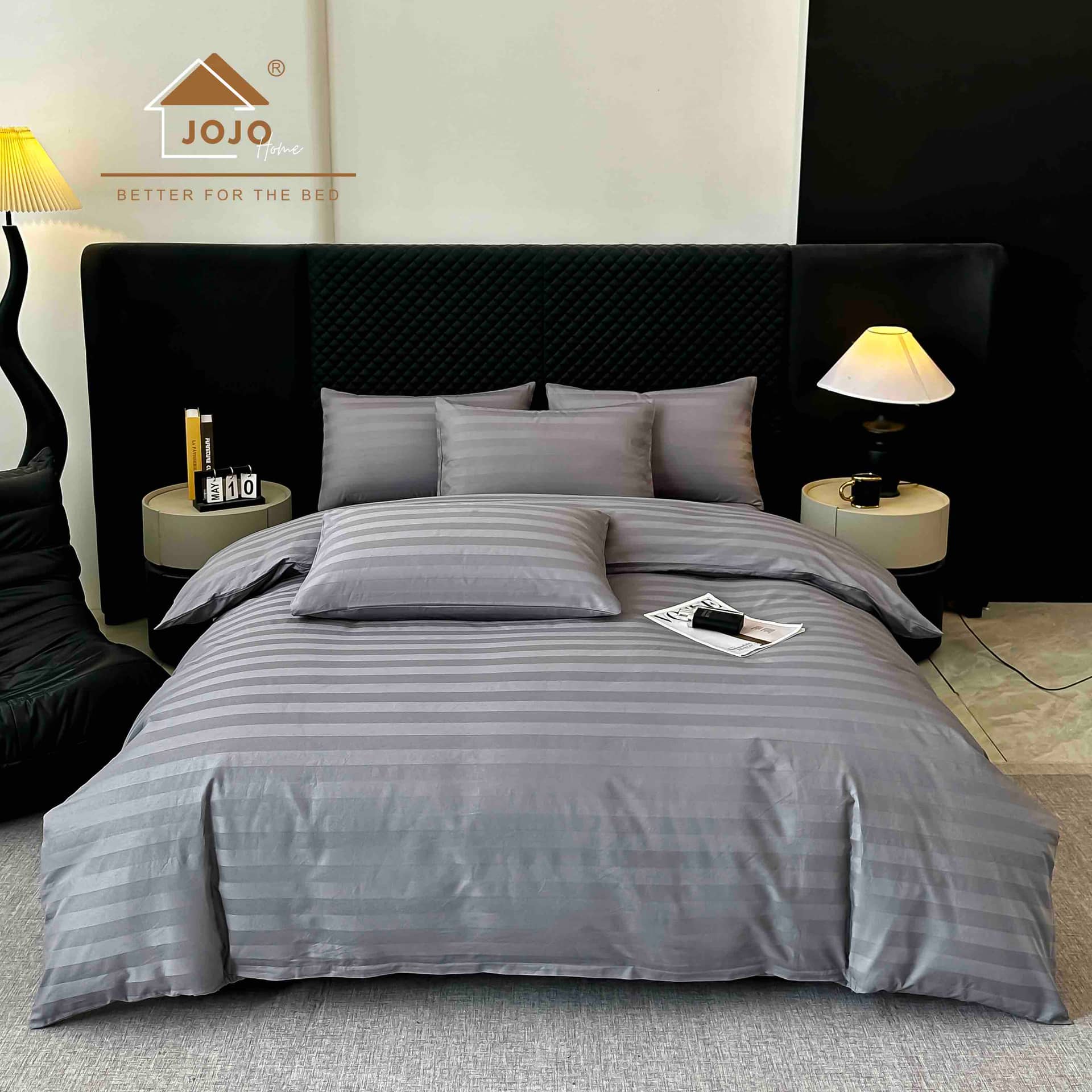Lenjerie pat dublu, 100% bumbac, Damasc Deluxe, elastic, 6 piese, model gri lavanda cu dungi | Jojo Home – imagine produs 2