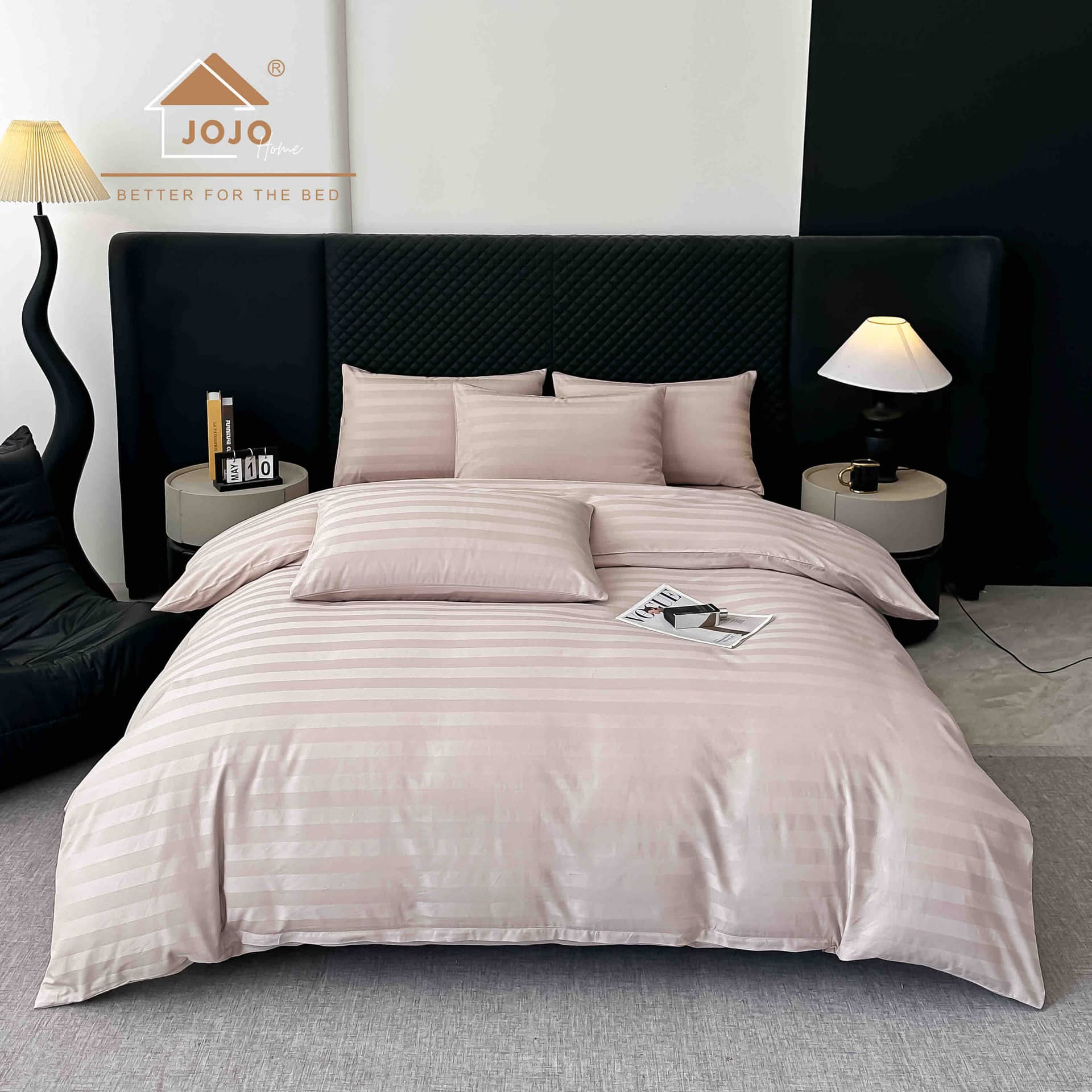 Lenjerie pat dublu, 100% bumbac, Damasc Deluxe, elastic, 6 piese, model roz somon cu dungi | Jojo Home – imagine produs 2