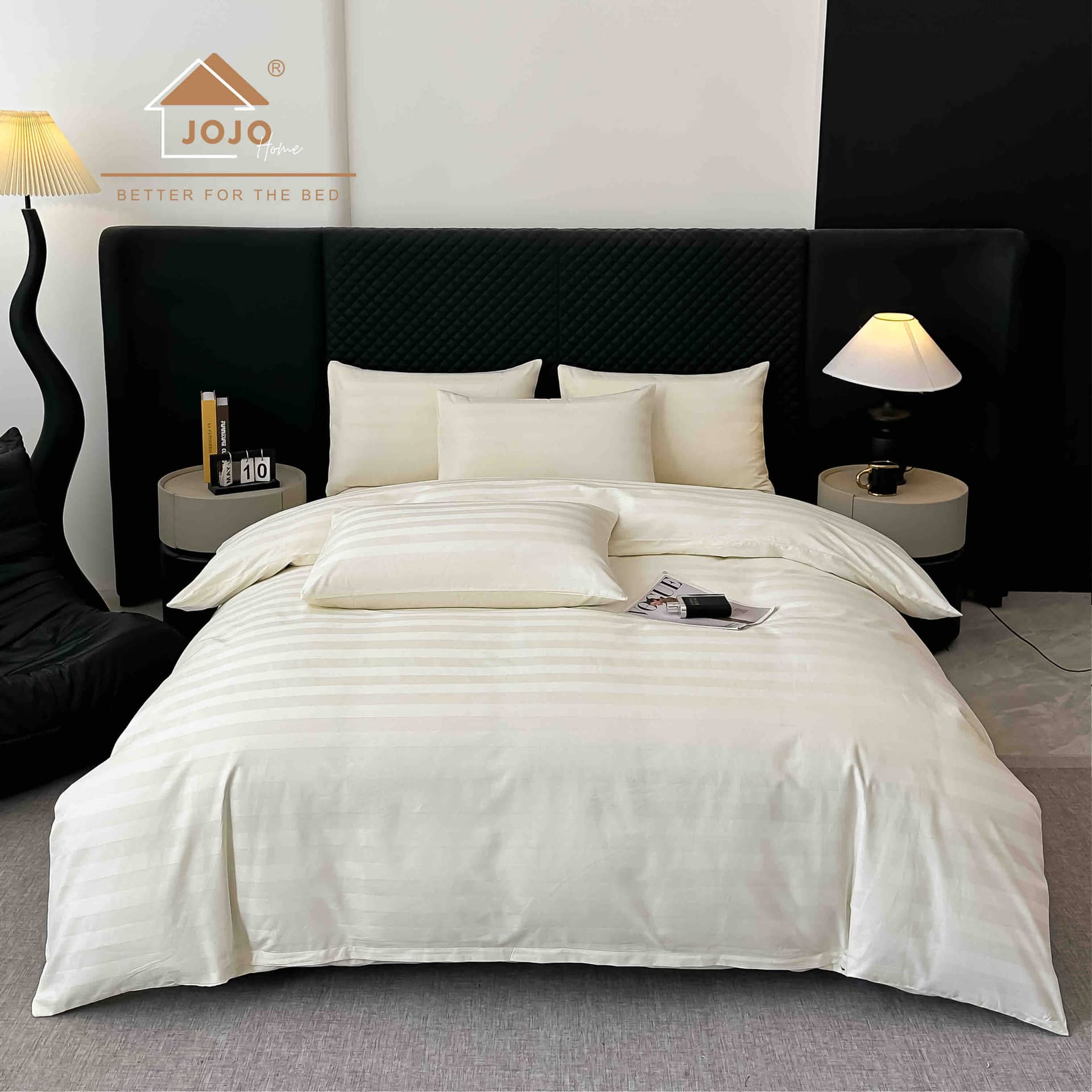 Lenjerie pat dublu, 100% bumbac, Damasc Deluxe, elastic, 6 piese, model crem cu dungi | Jojo Home – imagine produs 2