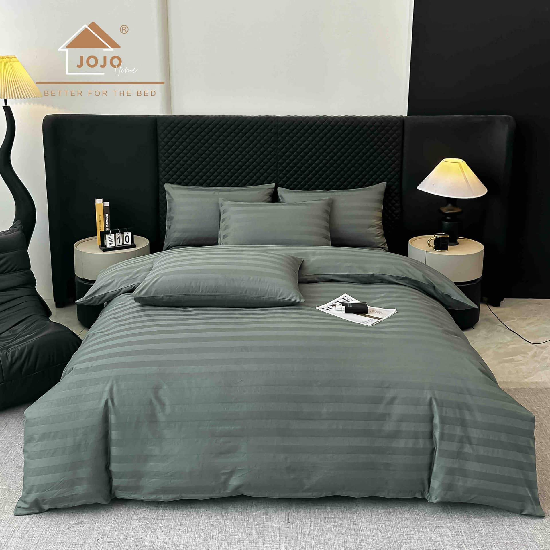 Lenjerie pat dublu, 100% bumbac, Damasc Deluxe, elastic, 6 piese, model verde salvie cu dungi | Jojo Home – imagine produs 2