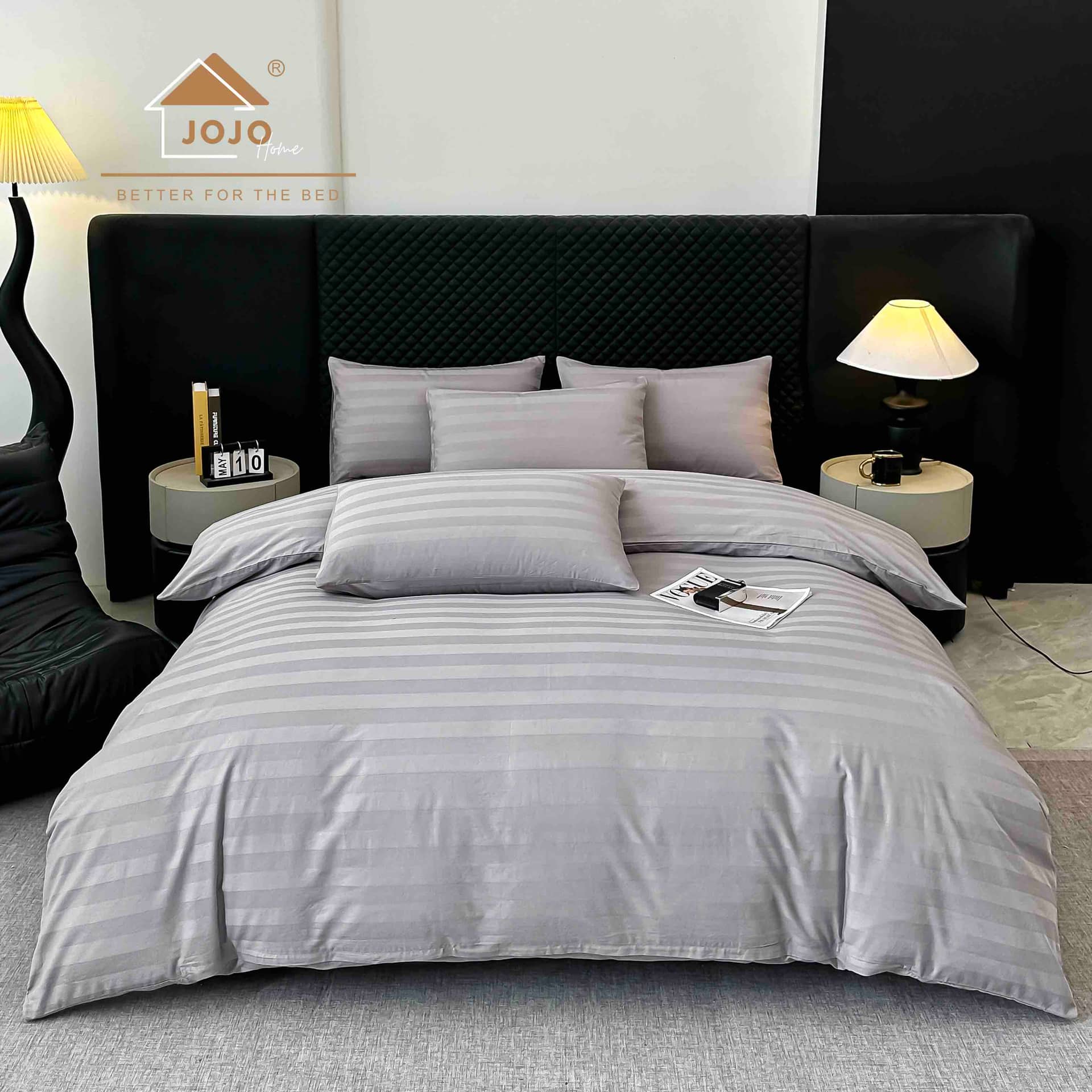 Lenjerie pat dublu, 100% bumbac, Damasc Deluxe, elastic, 6 piese, model gri deschis cu dungi | Jojo Home – imagine produs 2