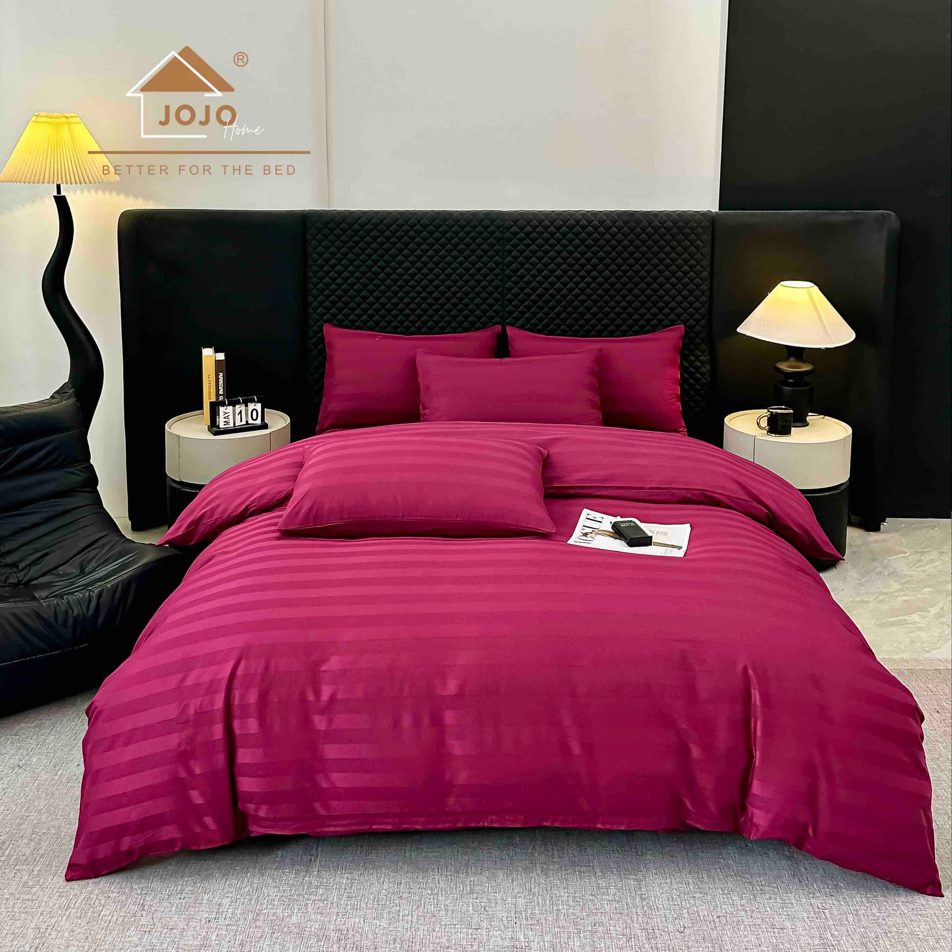 Lenjerie pat dublu, 100% bumbac, Damasc Deluxe, elastic, 6 piese, model bordo cu dungi | Jojo Home – imagine produs 2