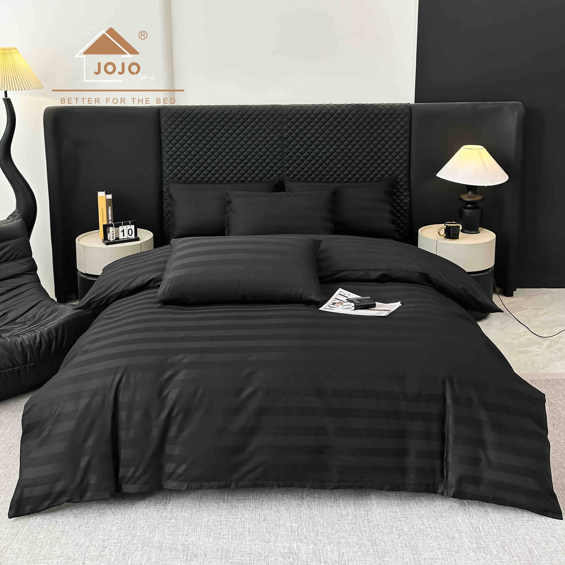 Lenjerie pat dublu, 100% bumbac, Damasc Deluxe, elastic, 6 piese, model negru cu dungi | Jojo Home – imagine produs 2