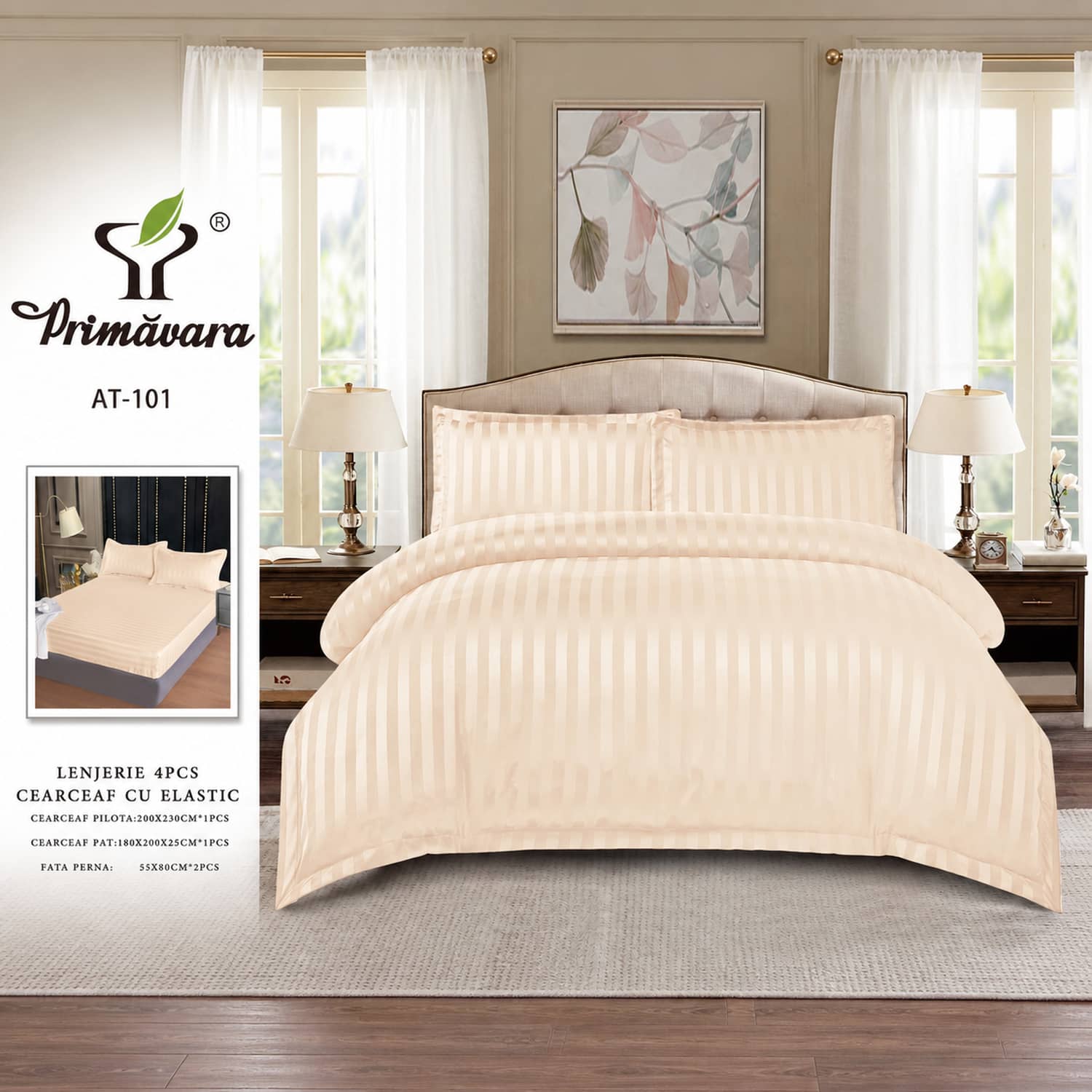 Lenjerie pat dublu, damasc, elastic, 4 piese, model crem piersica | Primavara – imagine produs 2