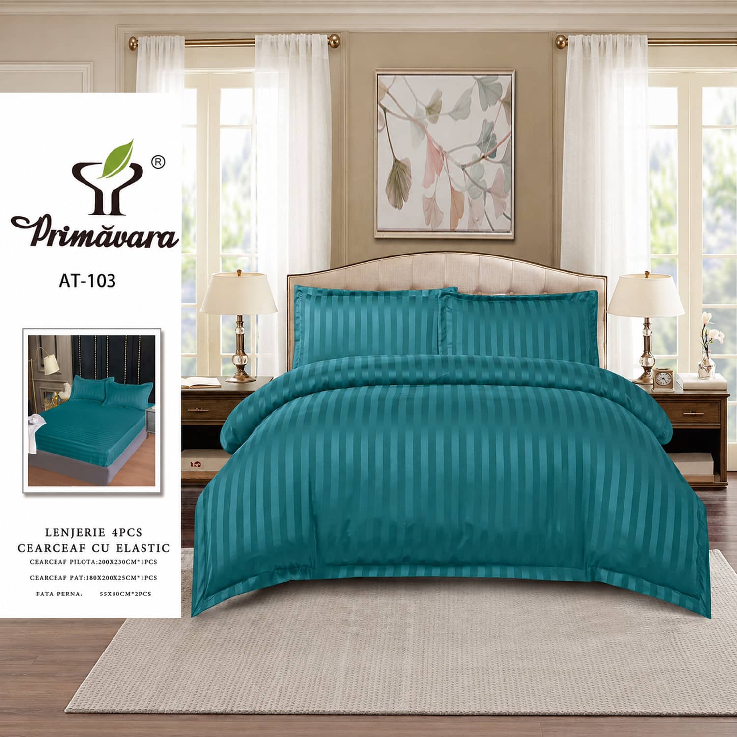 Lenjerie pat dublu, damasc, elastic, 4 piese, model verde petrol | Primavara – imagine produs 2
