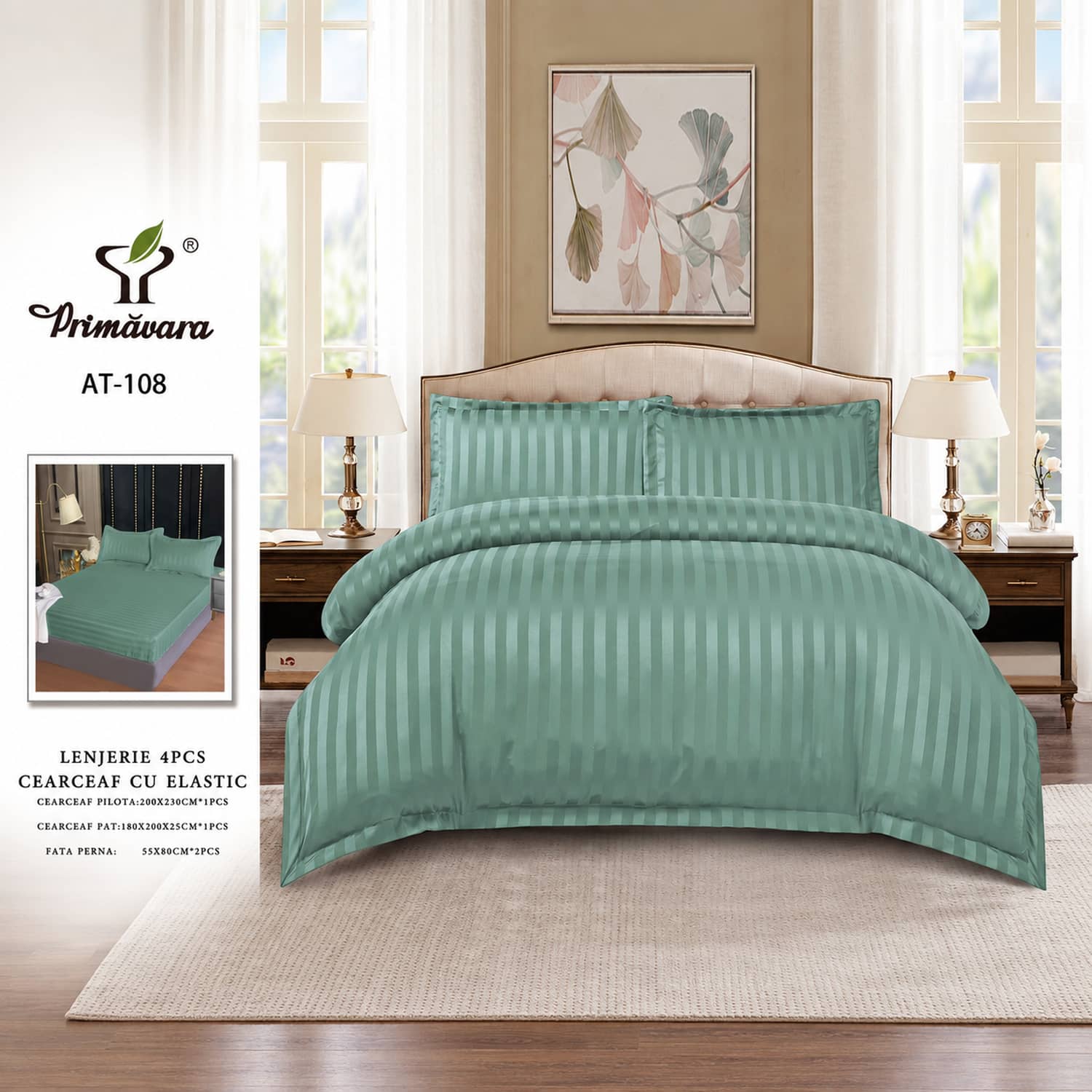 Lenjerie pat dublu, damasc, elastic, 4 piese, model verde salvie | Primavara – imagine produs 2
