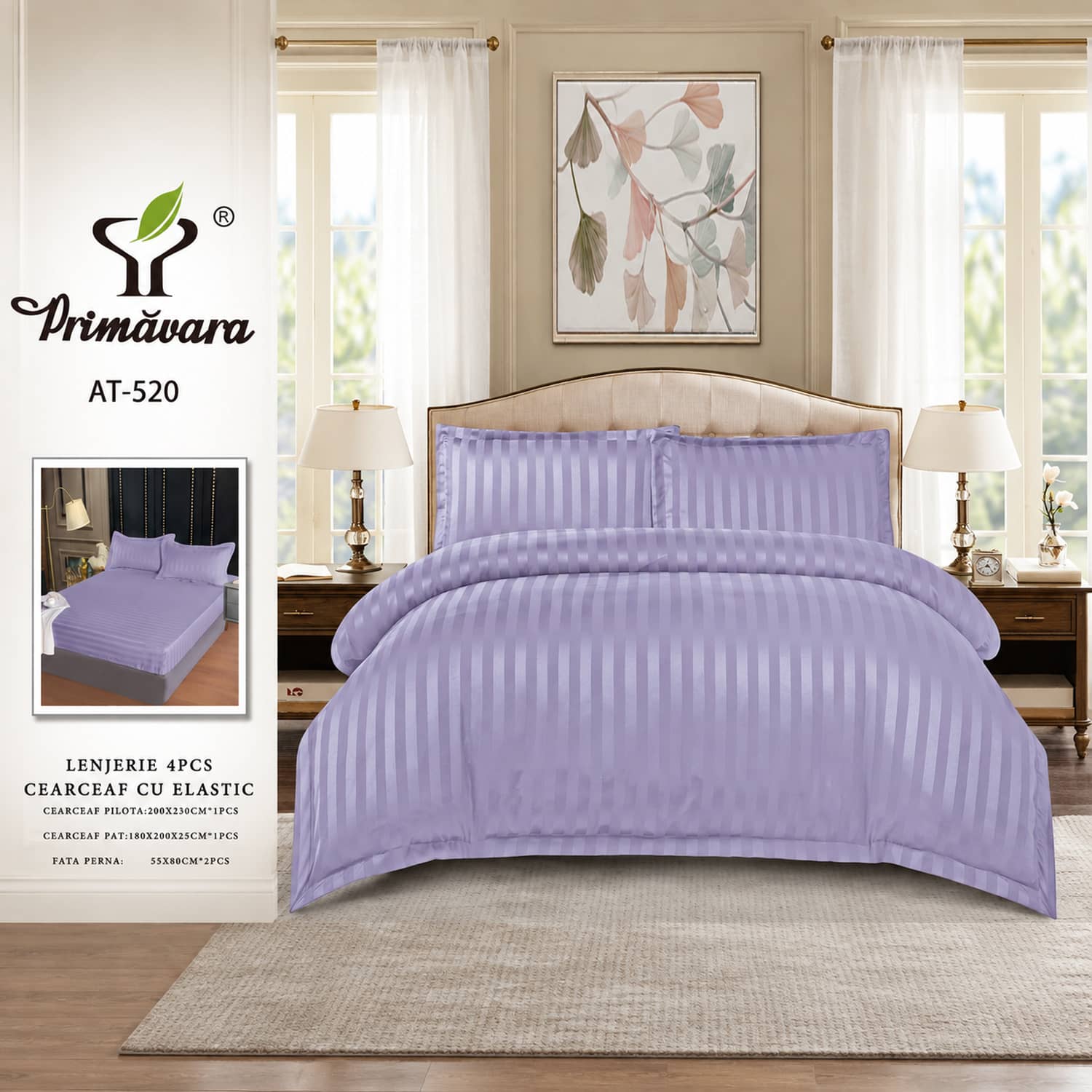 Lenjerie pat dublu, damasc, elastic, 4 piese, model lavanda | Primavara – imagine produs 2