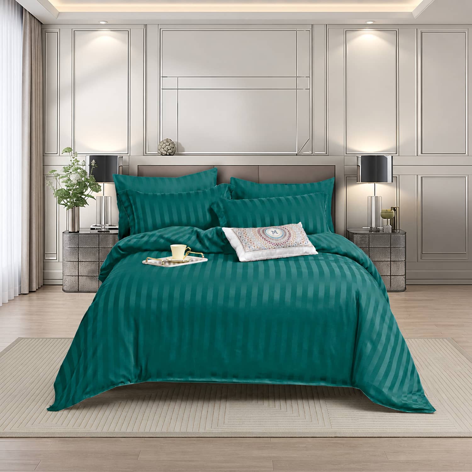 Lenjerie pat dublu, damasc, elastic, 6 piese, model verde petrol | Primavara – imagine produs 2