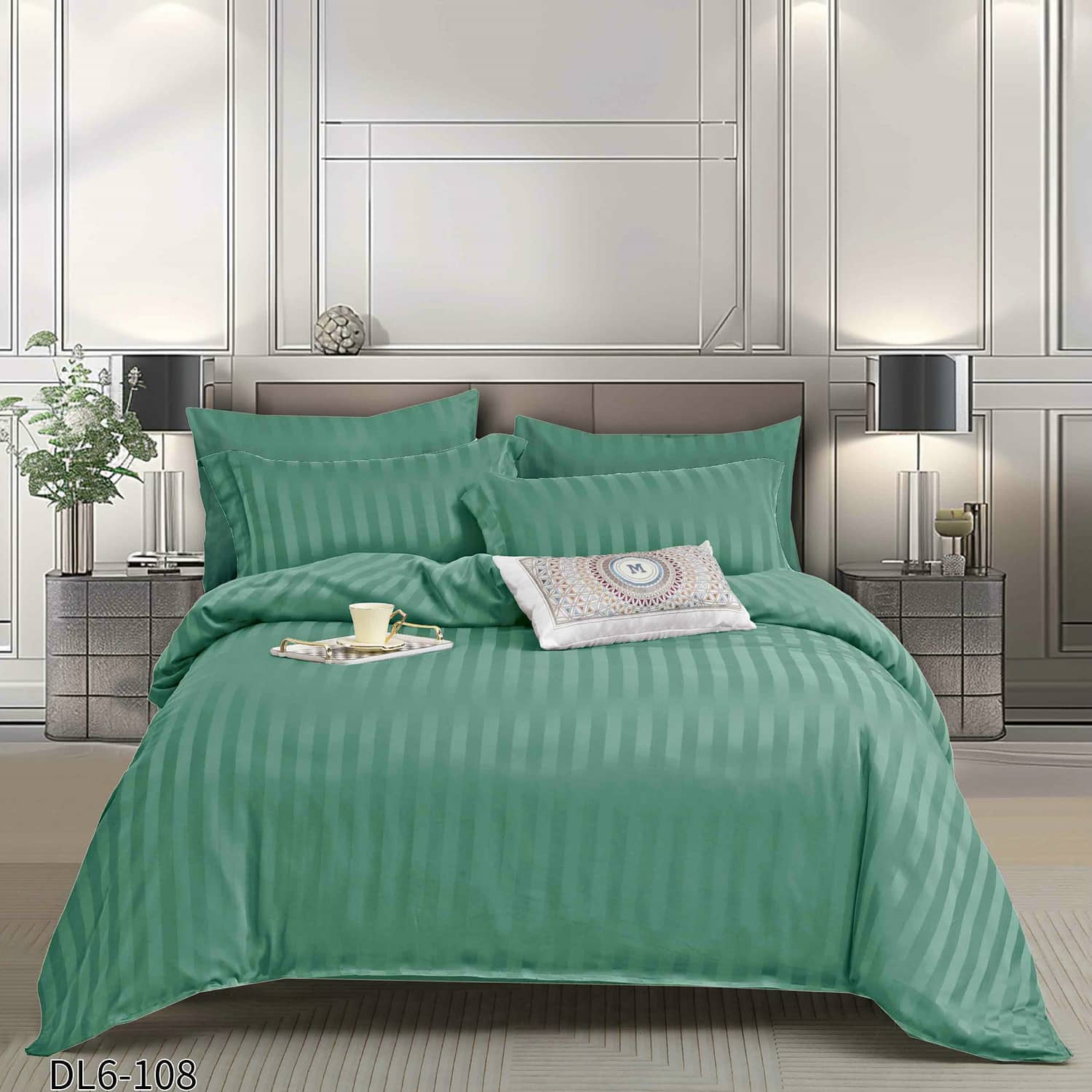 Lenjerie pat dublu, damasc, elastic, 6 piese, model verde menta | Primavara – imagine produs 2