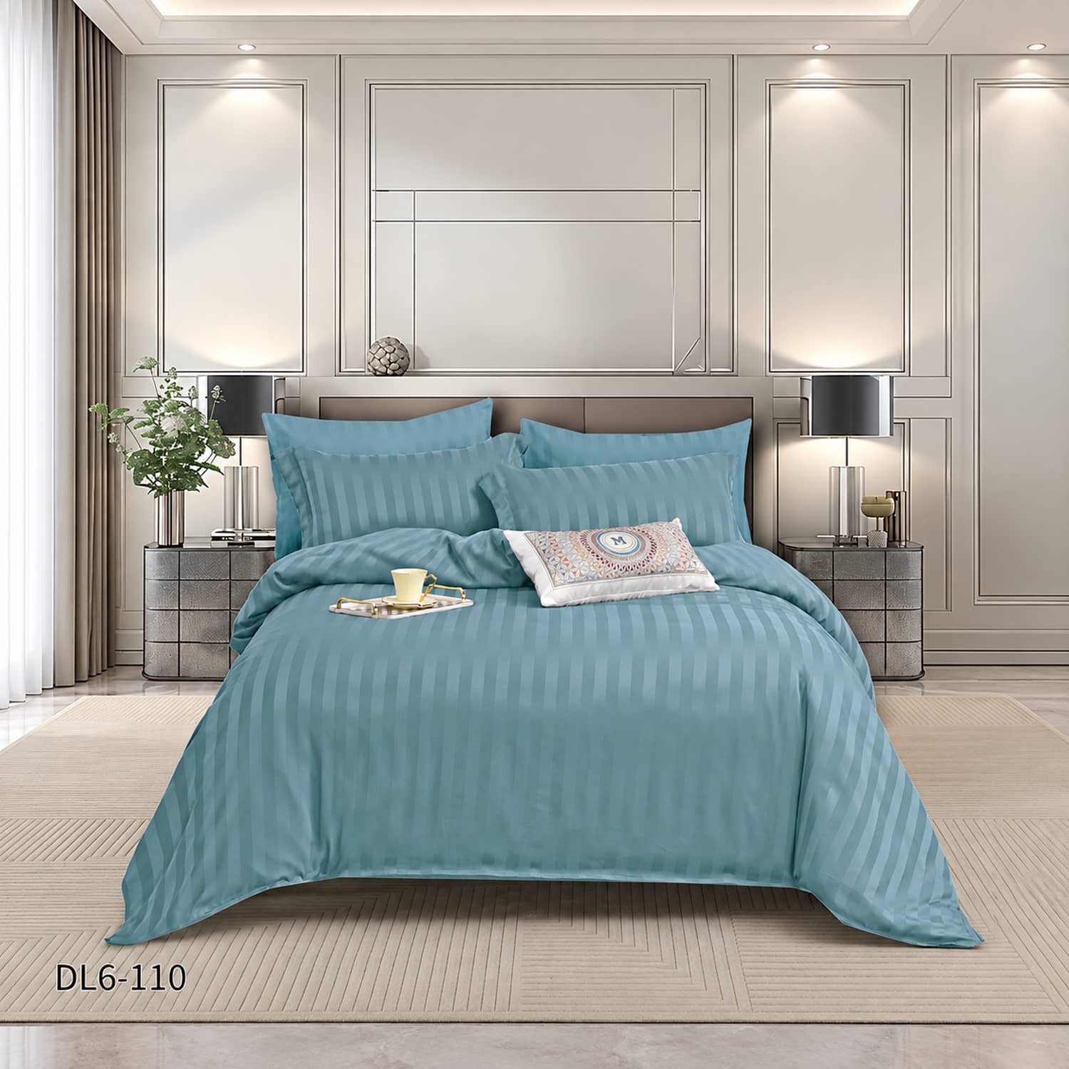 Lenjerie pat dublu, damasc, elastic, 6 piese, model albastru petrol | Primavara – imagine produs 2