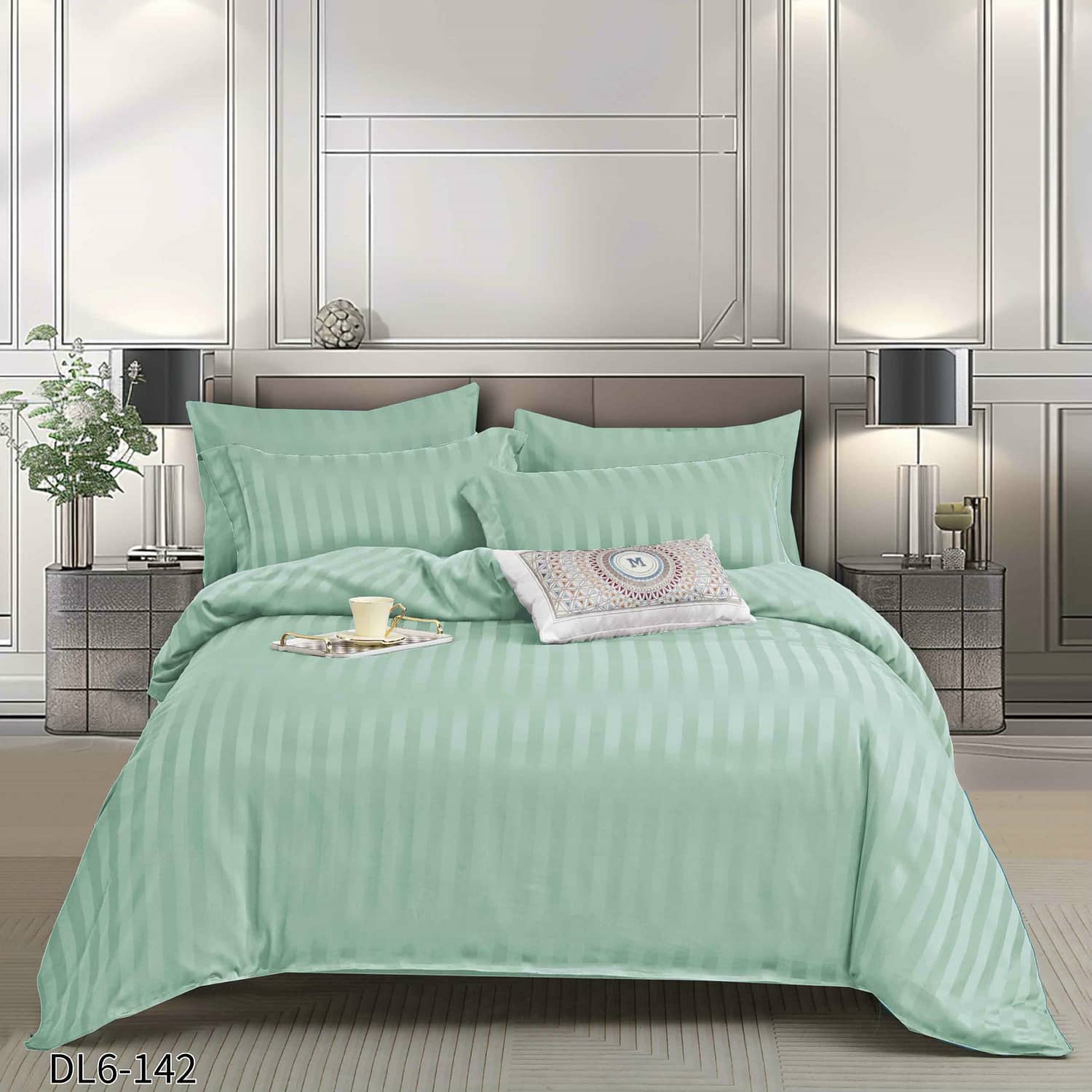 Lenjerie pat dublu, damasc, elastic, 6 piese, model verde pastel | Primavara – imagine produs 2