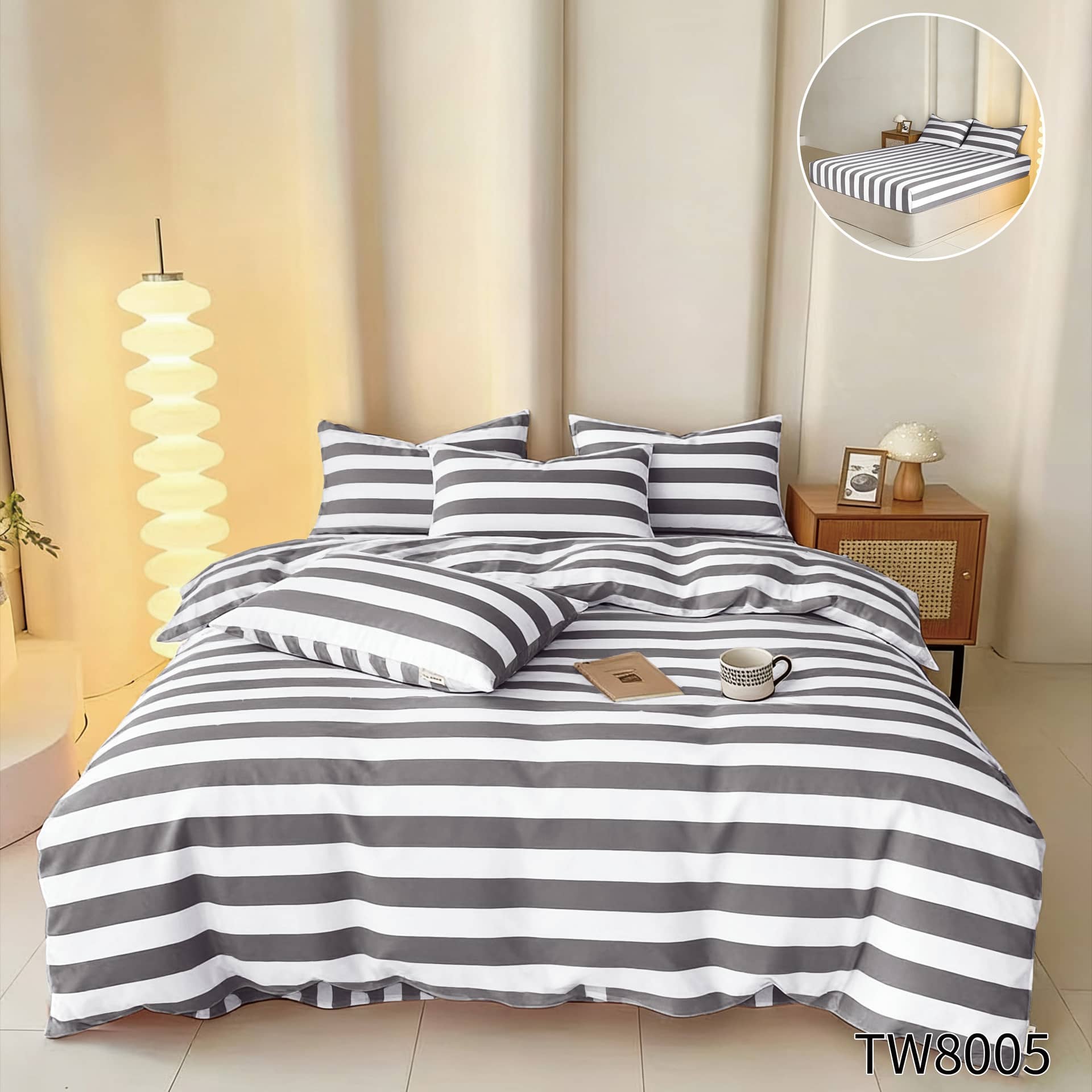 Lenjerie pat dublu, Finet cu dungi, elastic, 4 piese, model gri antracit cu dungi | Primavara – imagine produs 2