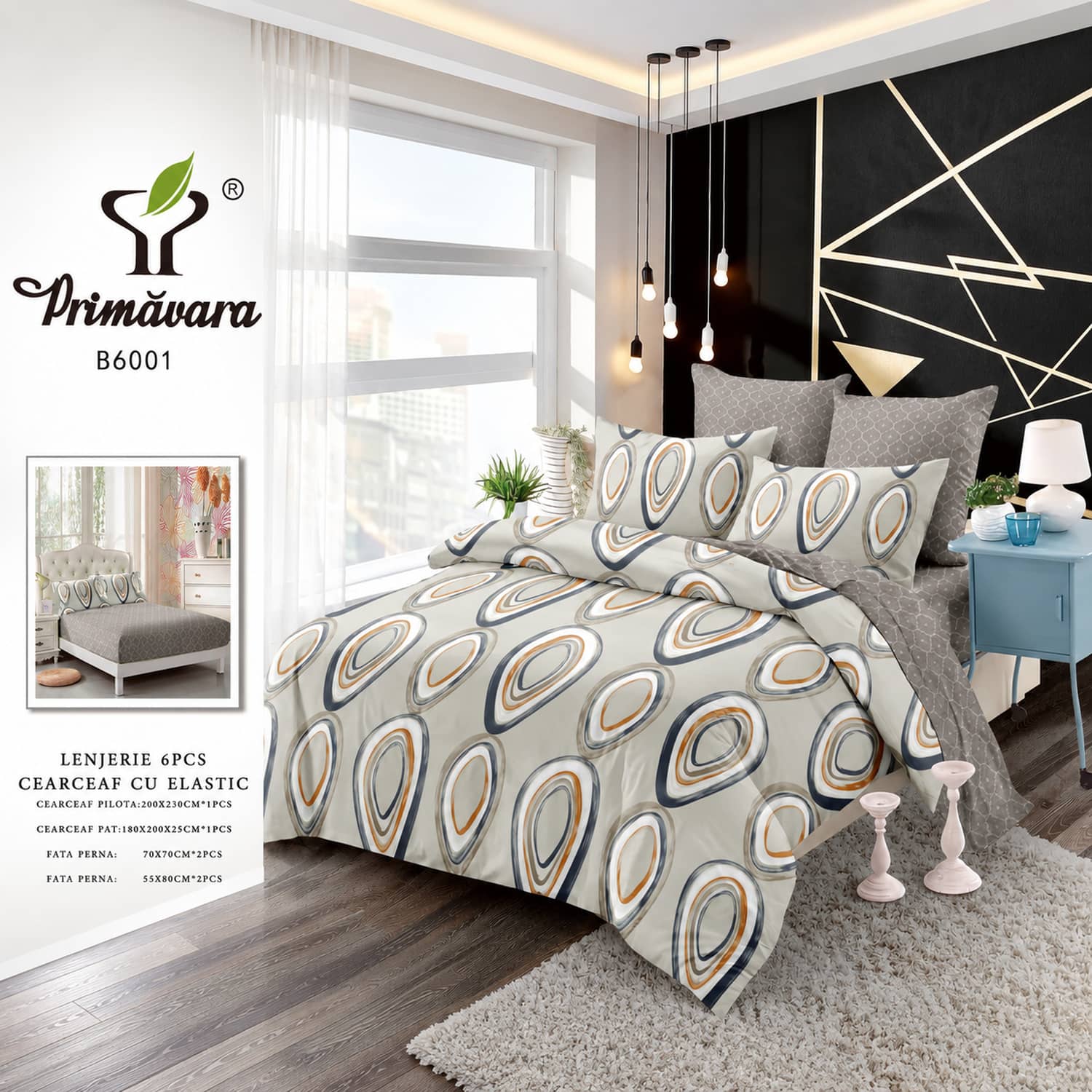 Lenjerie pat dublu, finet, elastic, 6 piese, model gri cu ovale | Primavara – imagine produs 2