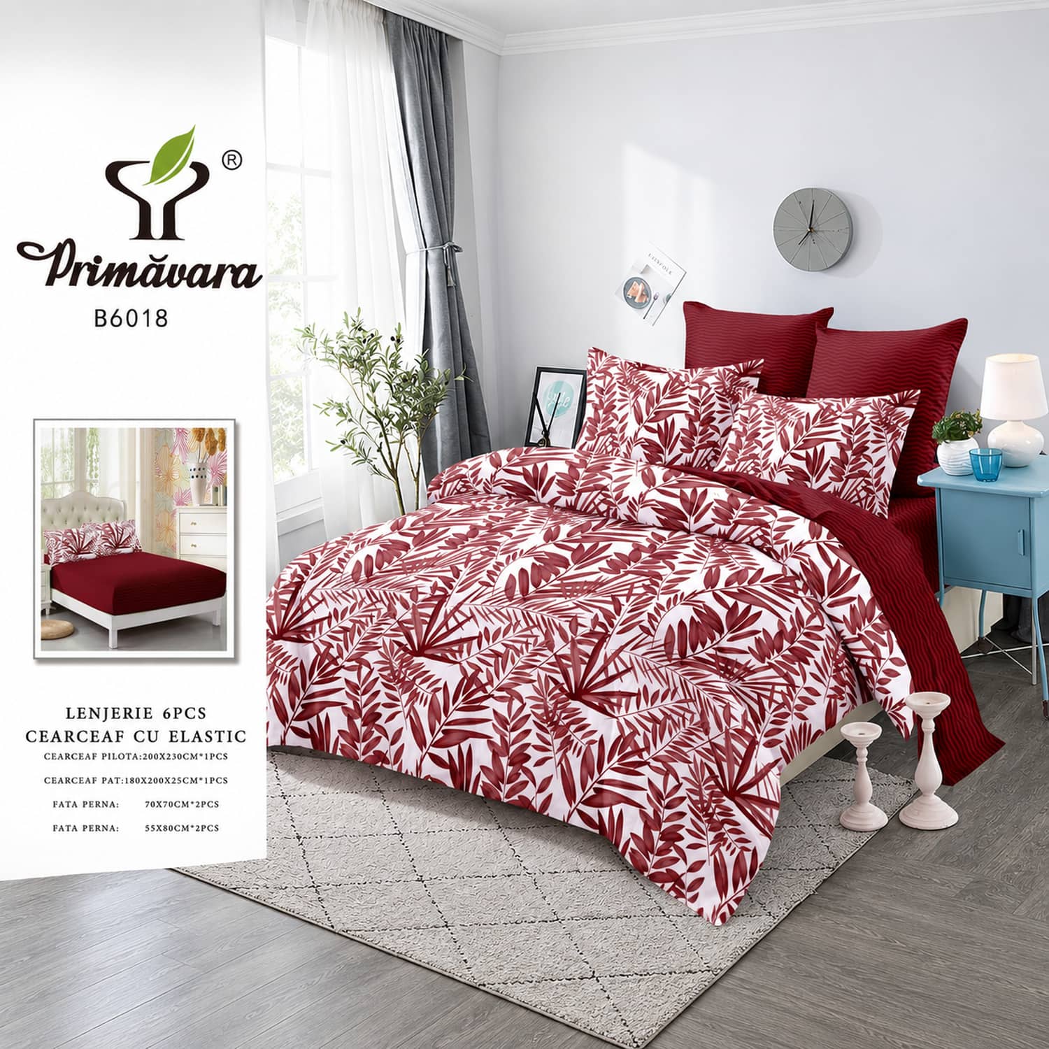 Lenjerie pat dublu, finet, elastic, 6 piese, model bordo cu frunze | Primavara – imagine produs 2