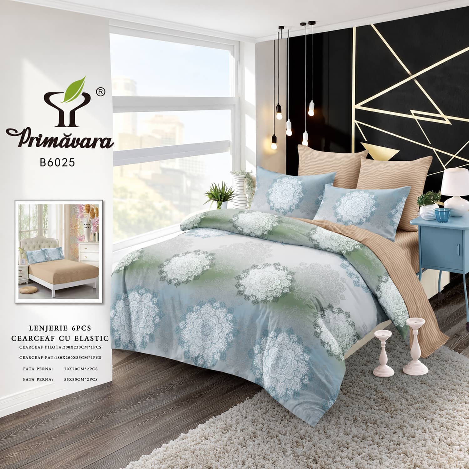 Lenjerie pat dublu, finet, elastic, 6 piese, model verde menta cu flori mari | Primavara – imagine produs 2