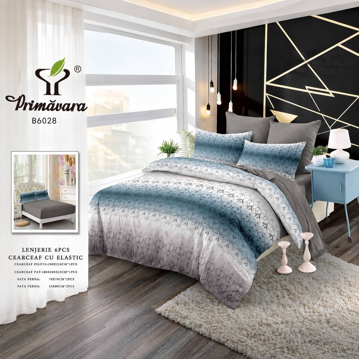 Lenjerie pat dublu, finet, elastic, 6 piese, model albastru gri cu dungi ornamentale | Primavara – imagine produs 2