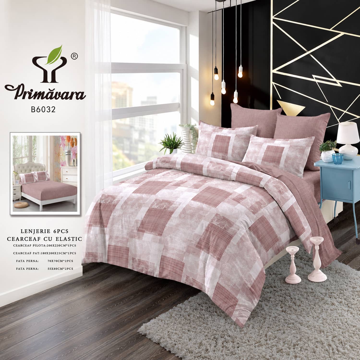 Lenjerie pat dublu, finet, elastic, 6 piese, model roz pudrat cu carouri | Primavara – imagine produs 2