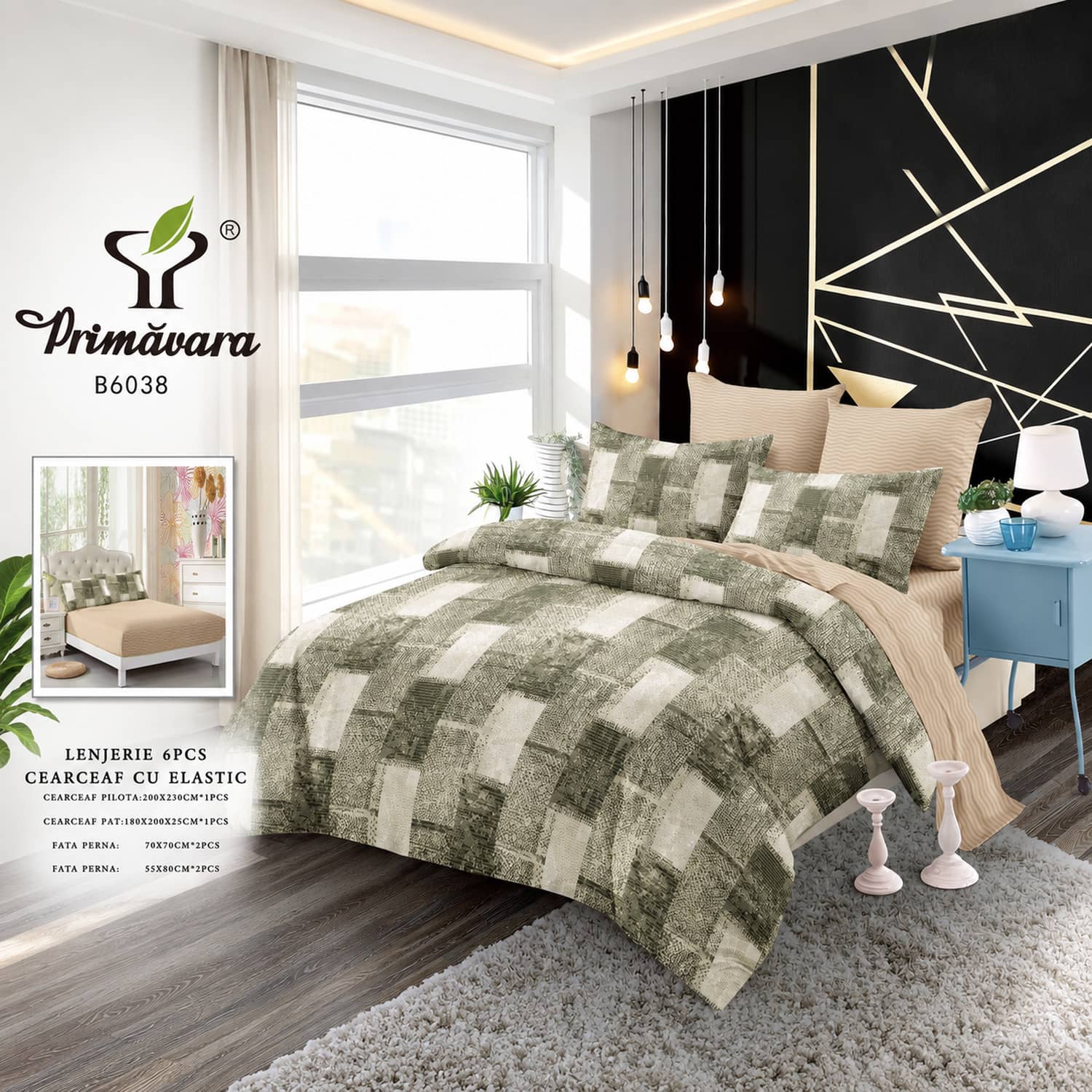 Lenjerie pat dublu, finet, elastic, 6 piese, model verde oliv cu carouri | Primavara – imagine produs 2