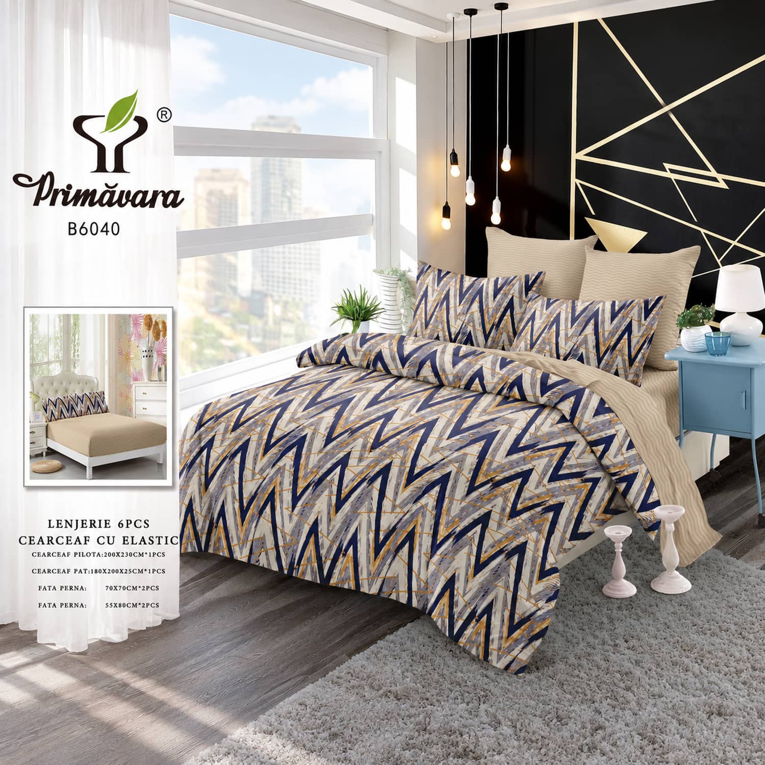 Lenjerie pat dublu, finet, elastic, 6 piese, model bleumarin cu zigzag | Primavara – imagine produs 2