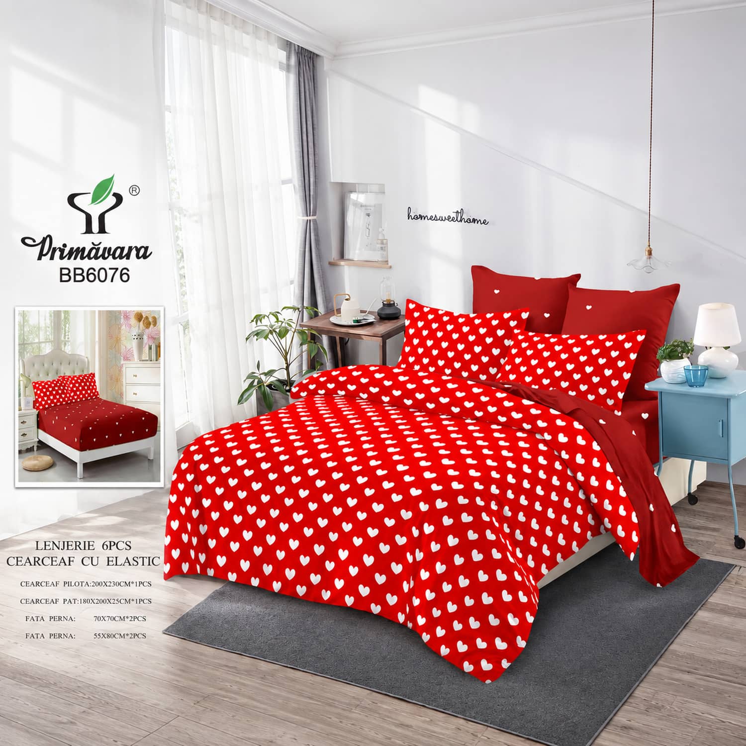 Lenjerie pat dublu, finet, elastic, 6 piese, model rosu cu buline albe | Primavara – imagine produs 2