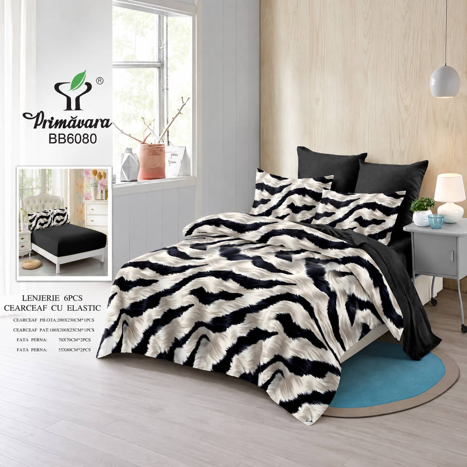 Lenjerie pat dublu, finet, elastic, 6 piese, model alb negru zebra | Primavara – imagine produs 2