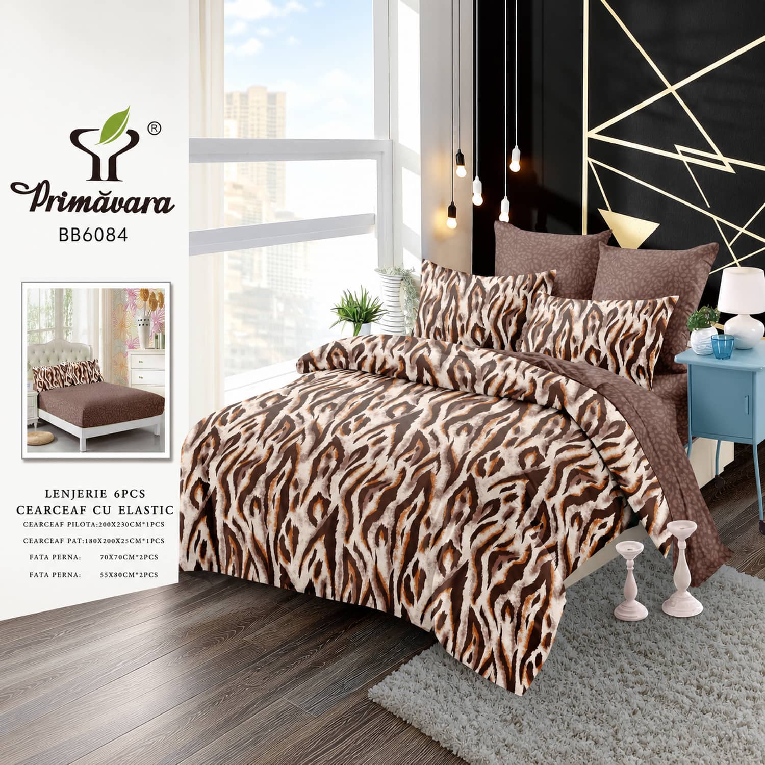 Lenjerie pat dublu, finet, elastic, 6 piese, model maro zebra | Primavara – imagine produs 2