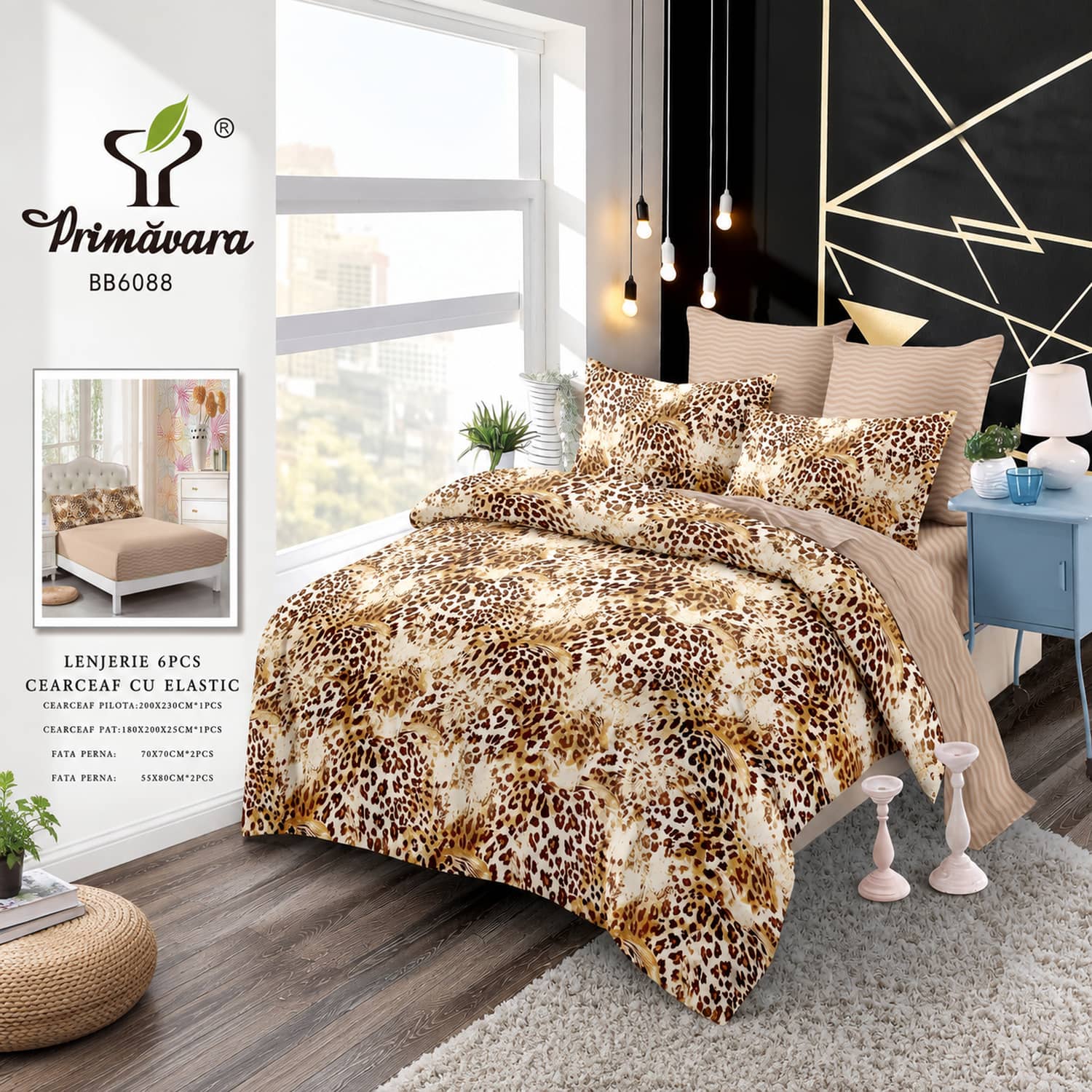 Lenjerie pat dublu, finet, elastic, 6 piese, model bej leopard | Primavara – imagine produs 2
