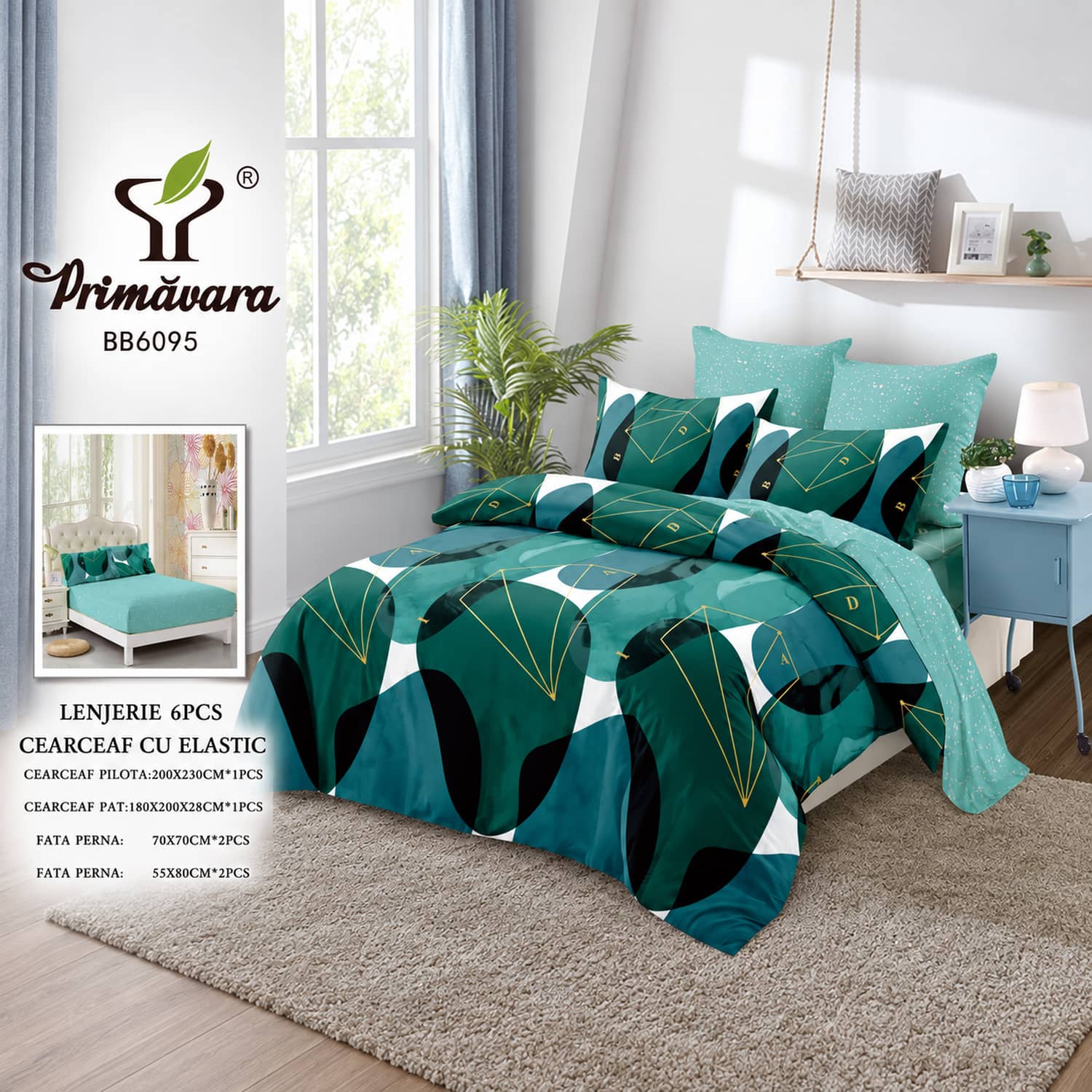 Lenjerie pat dublu, finet, elastic, 6 piese, model verde petrol cu frunze geometrice | Primavara – imagine produs 2
