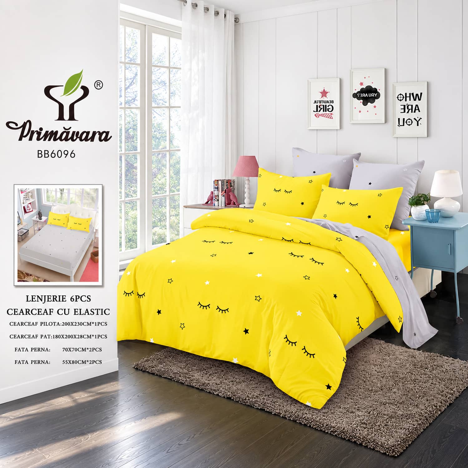 Lenjerie pat dublu, finet, elastic, 6 piese, model galben cu insecte | Primavara – imagine produs 2