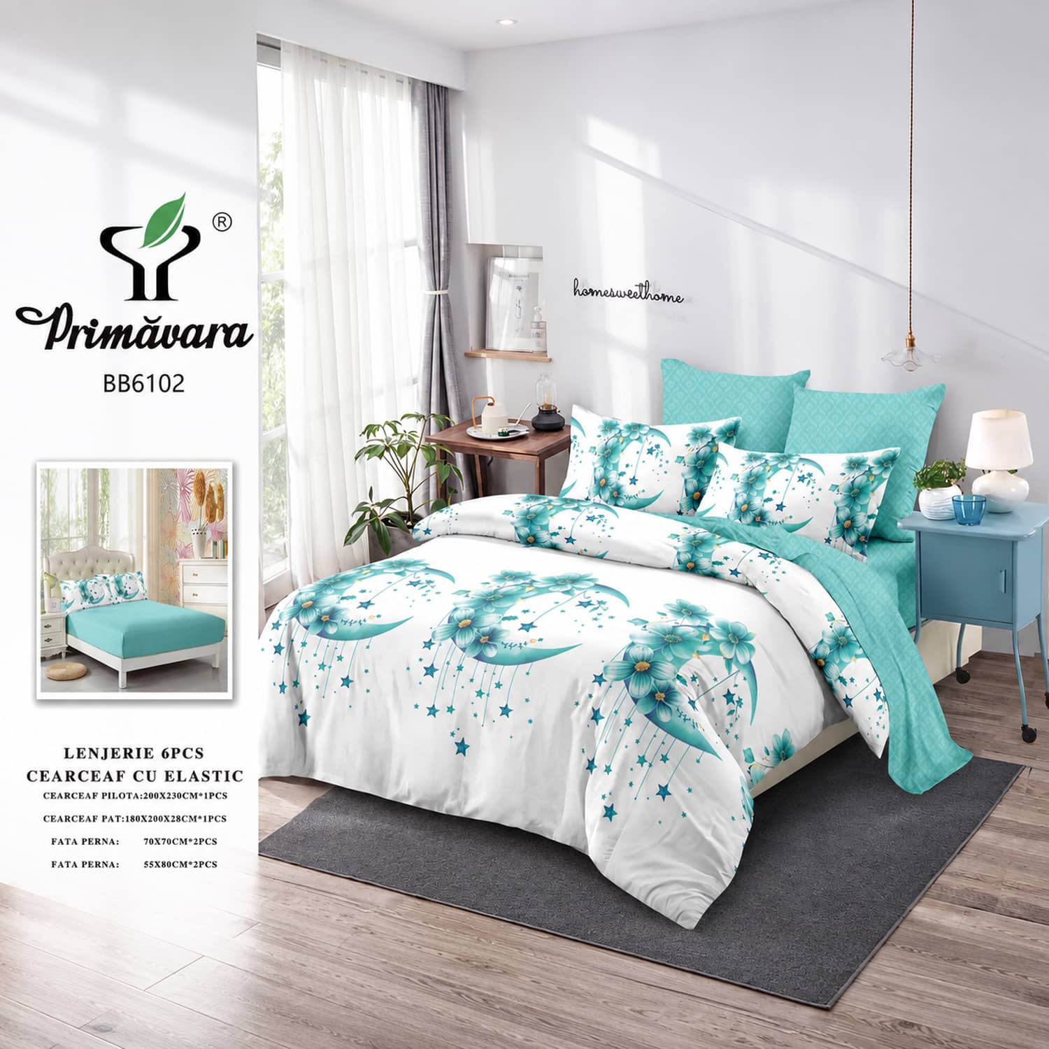 Lenjerie pat dublu, finet, elastic, 6 piese, model alb turcoaz cu cercuri florale | Primavara – imagine produs 2
