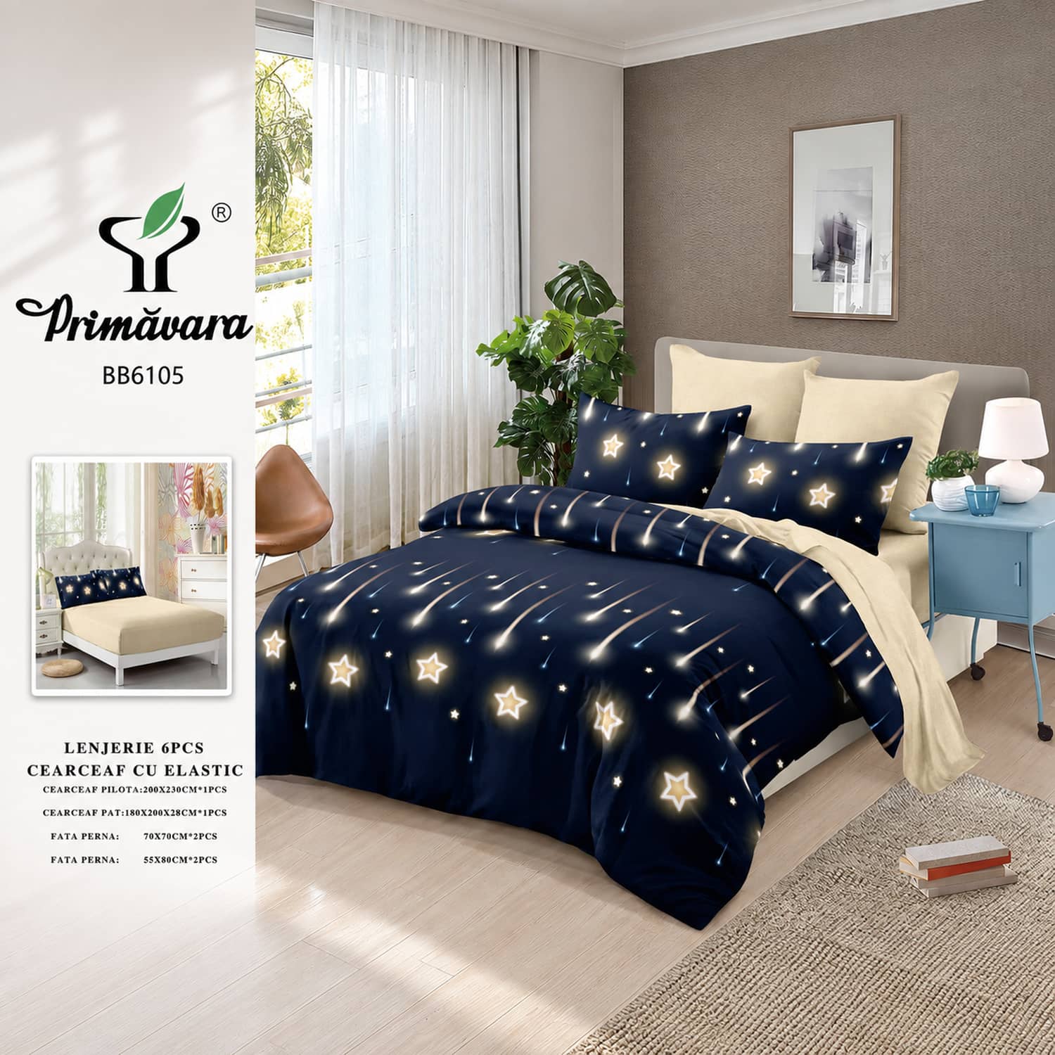 Lenjerie pat dublu, finet, elastic, 6 piese, model bleumarin cu stele aurii | Primavara – imagine produs 2
