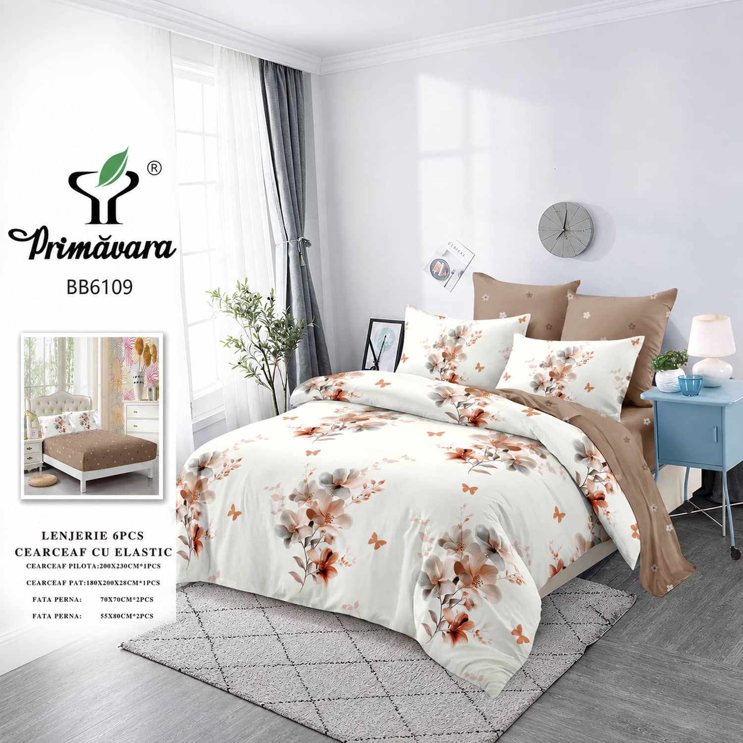 Lenjerie pat dublu, finet, elastic, 6 piese, model alb cu flori mici caramizii | Primavara – imagine produs 2